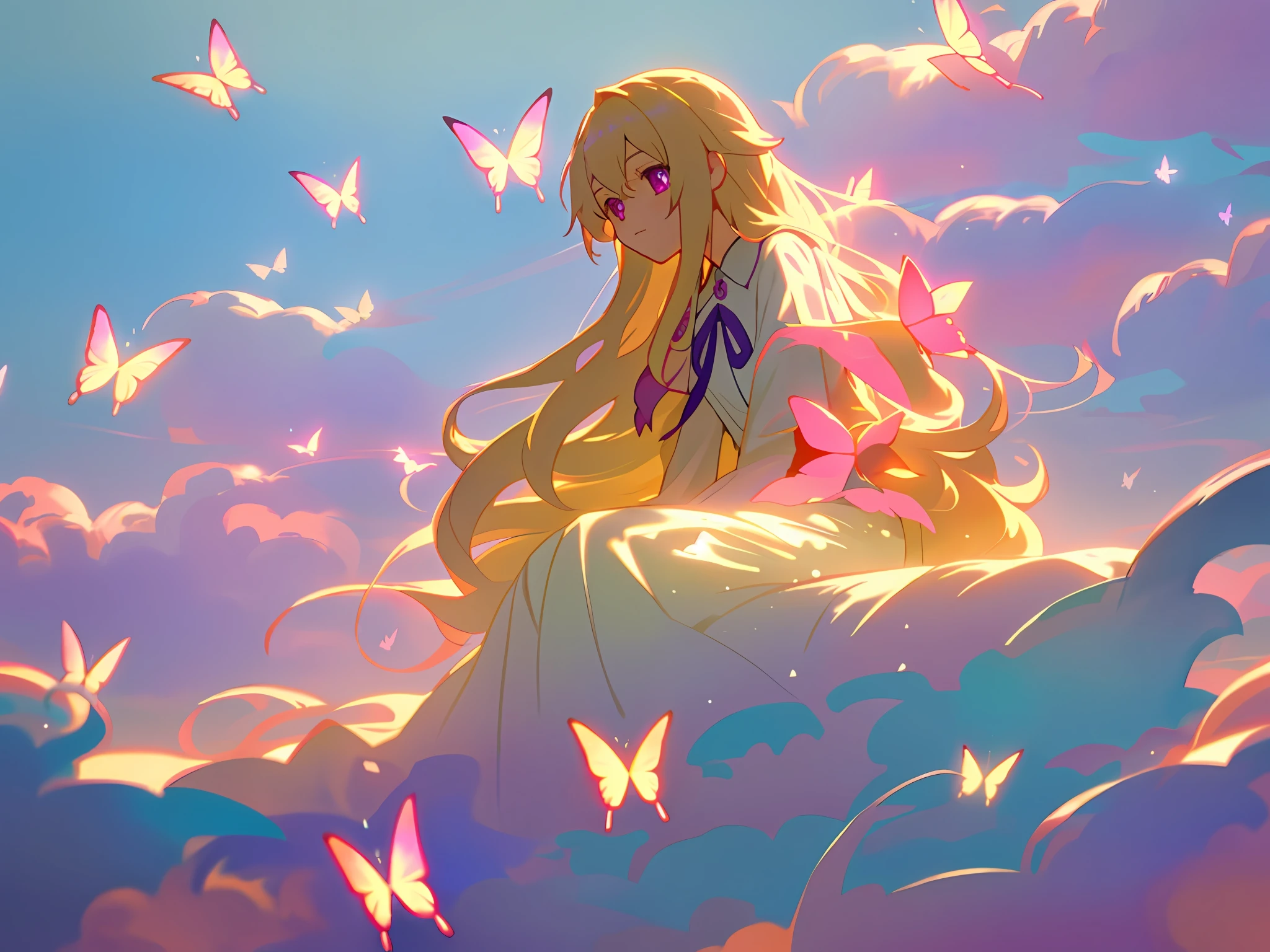 Sea of clouds, colorful clouds, world tree, young girl, alone, misty long hair, blonde hair, purple inside of hair, delicate and beautiful face, gentle expression, sitting, thinking, butterflies around you, bathing in the sun, glowing pink eyes, skirts of many colors