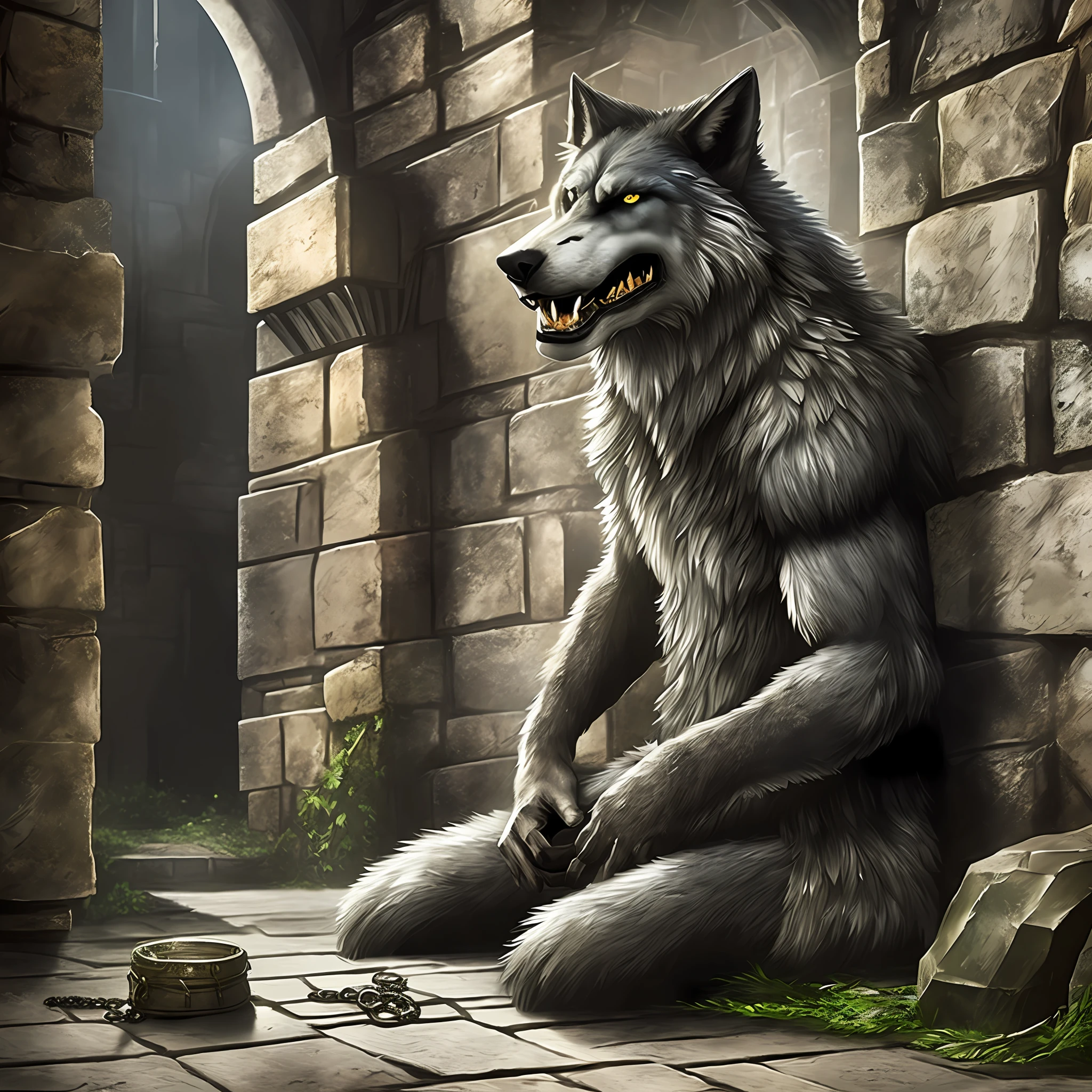 Werewolf chained in the dungeon of a castle, Realistic, Full HD, best quality