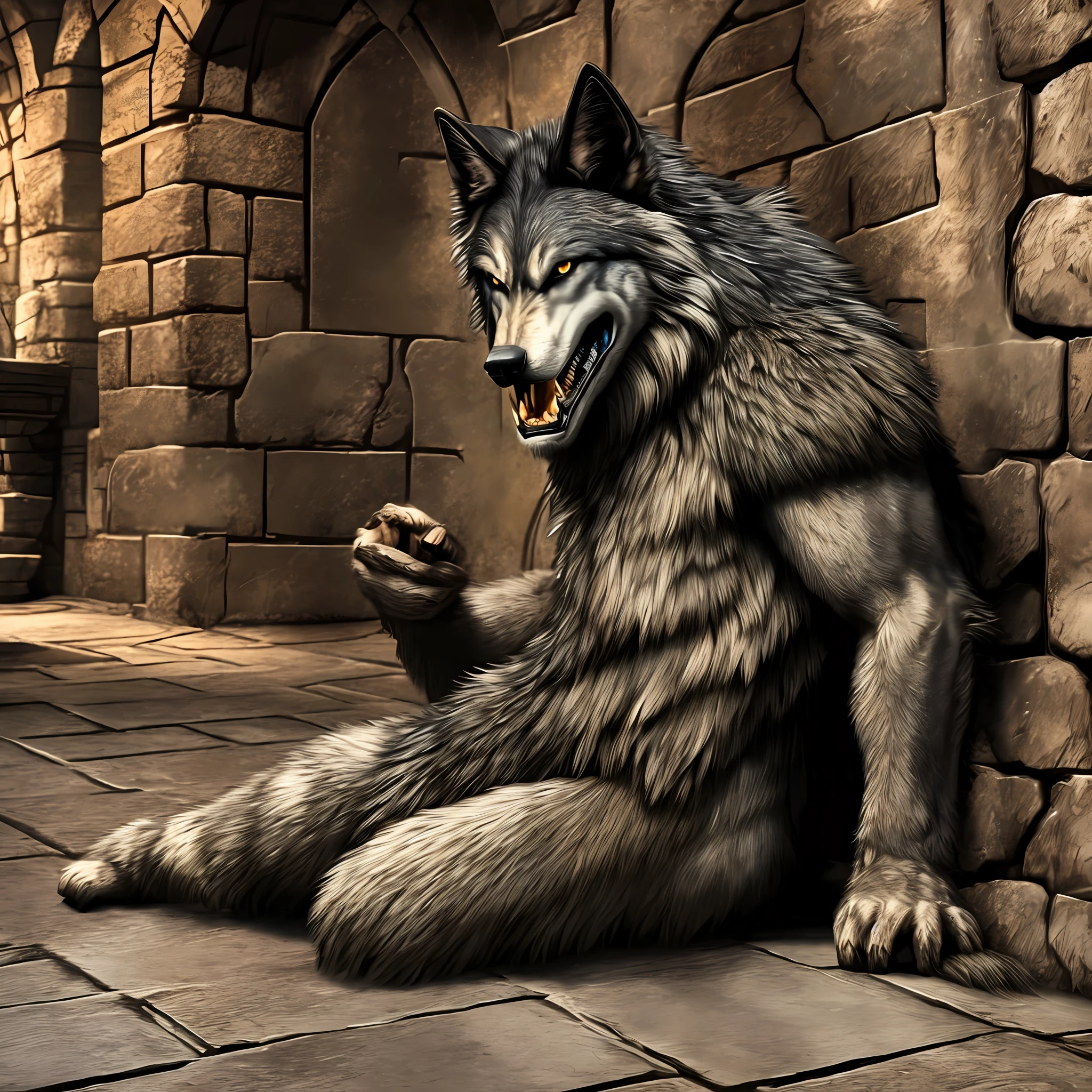 Werewolf chained in the dungeon of a castle, Realistic, Full HD, best quality