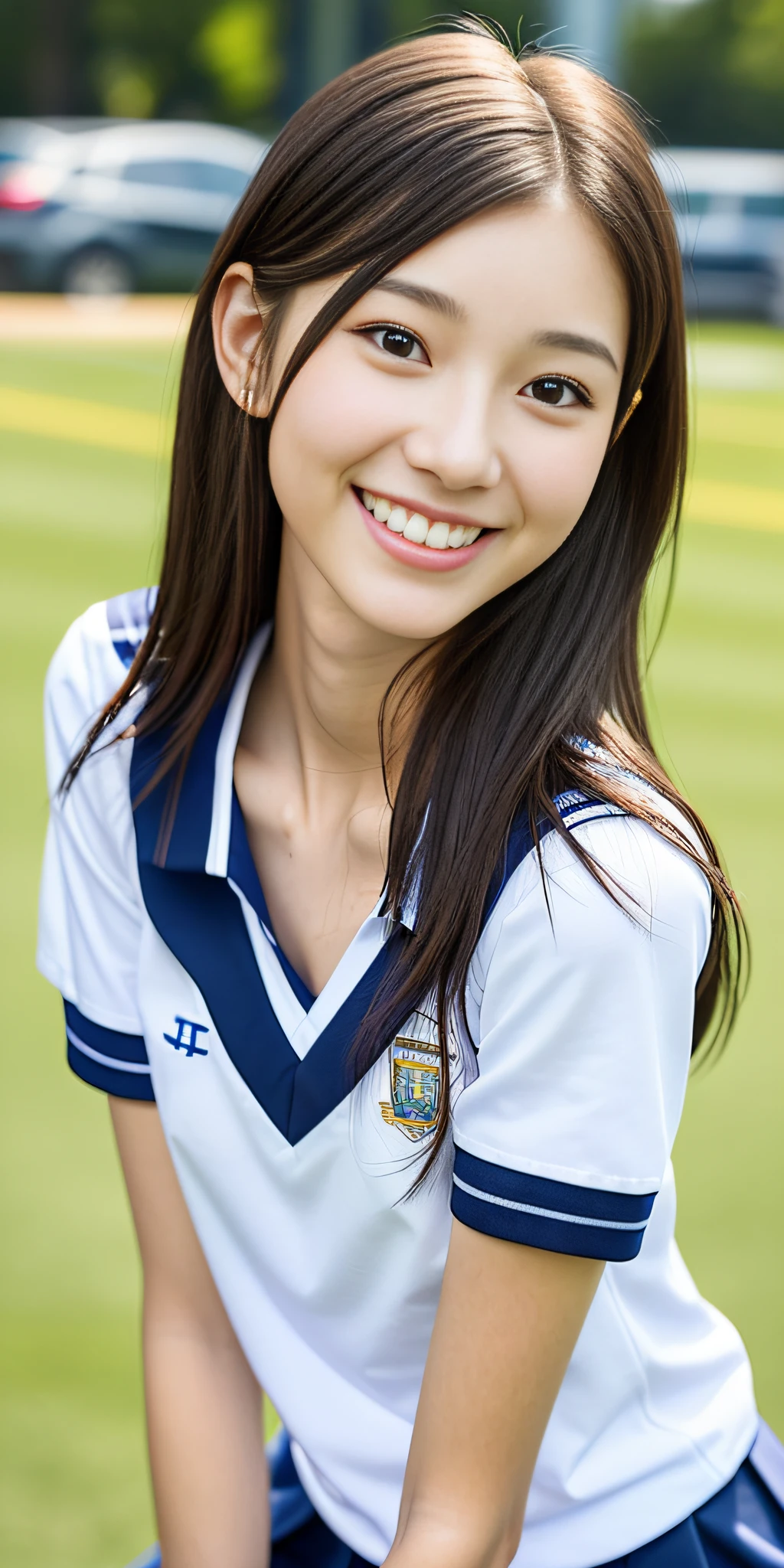 neat college girl, petite, (school uniform, summer clothes, short sleeves), outside the athletic field, (slim), photorealistic, detail, skin texture, ultra detail, delicate and sexy collarbone, smile, super detailed face, detailed lips, detailed eyes, breast emphasis