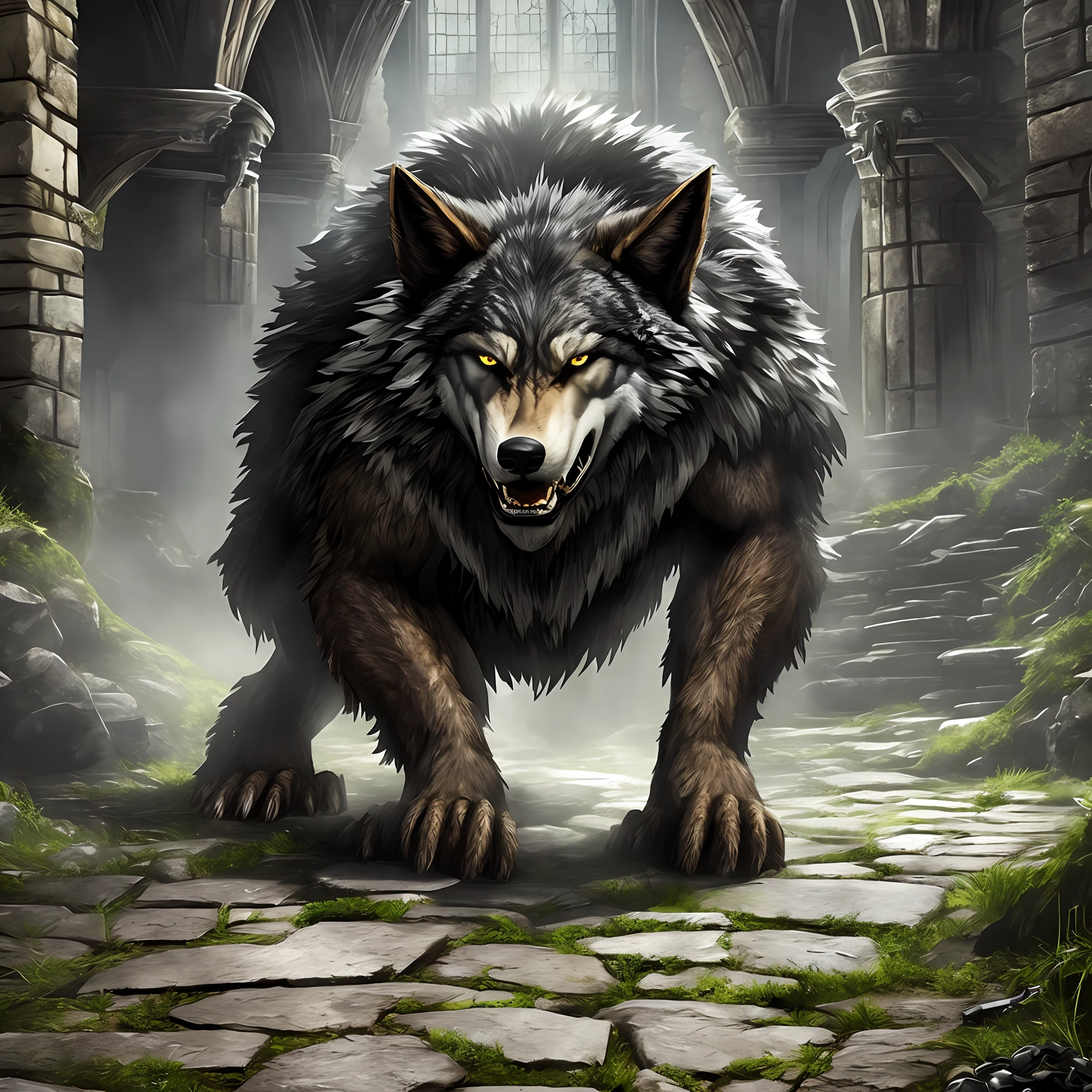 Werewolf chained in the dungeon of a castle, Realistic, Full HD, best quality