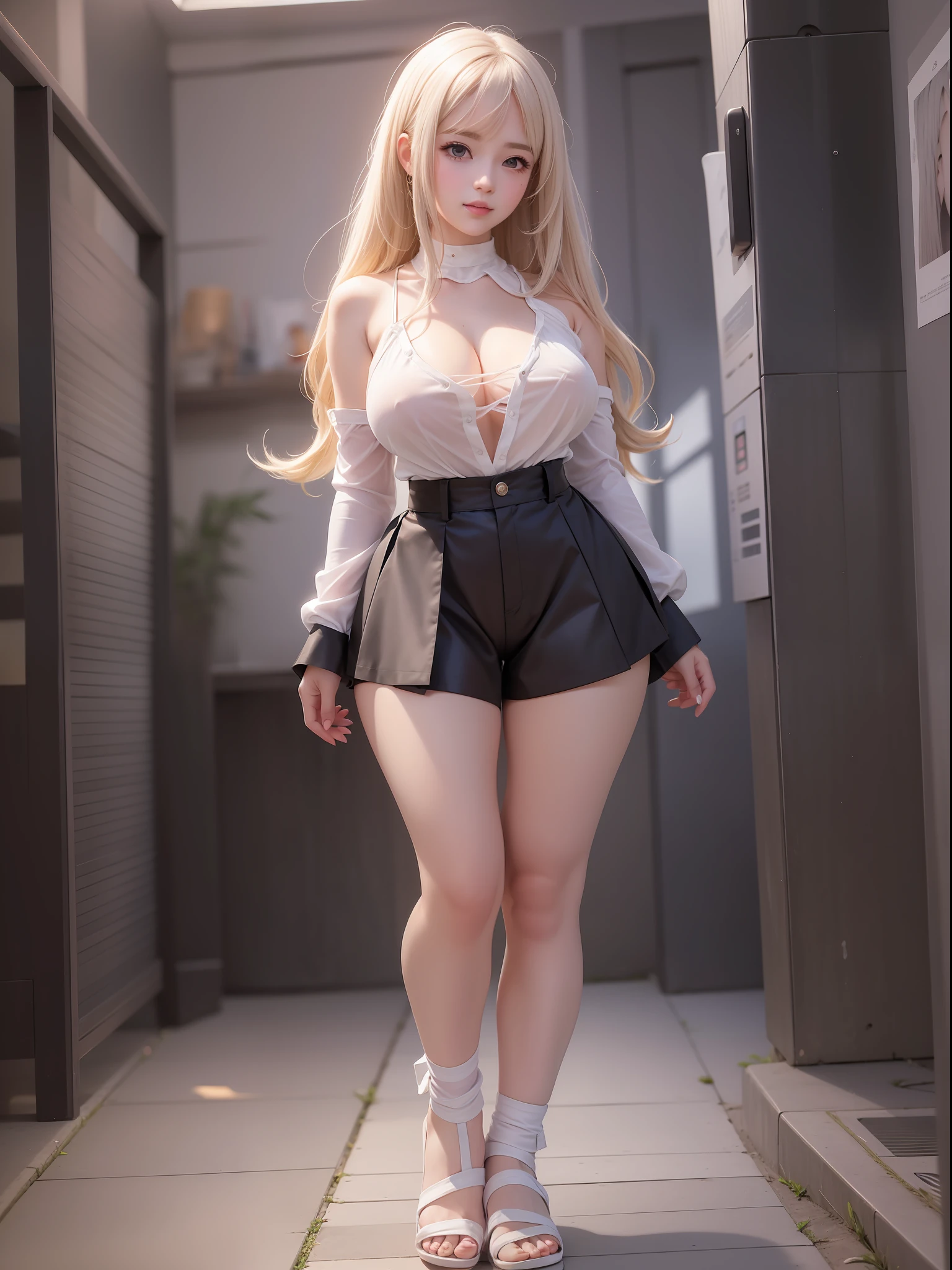 Beautiful hair anime girl, white shirt, art station, cute anime girl, cute anime girl portrait, cute anime girl, cute anime girl portrait, cute realistic portrait, cute girl anime visual, cute anime girl portrait, portrait anime girl, anime style portrait beautiful anime girl, full body, smile, (huge), navel, thin waist, (big hips), thighs, from below, cleavage