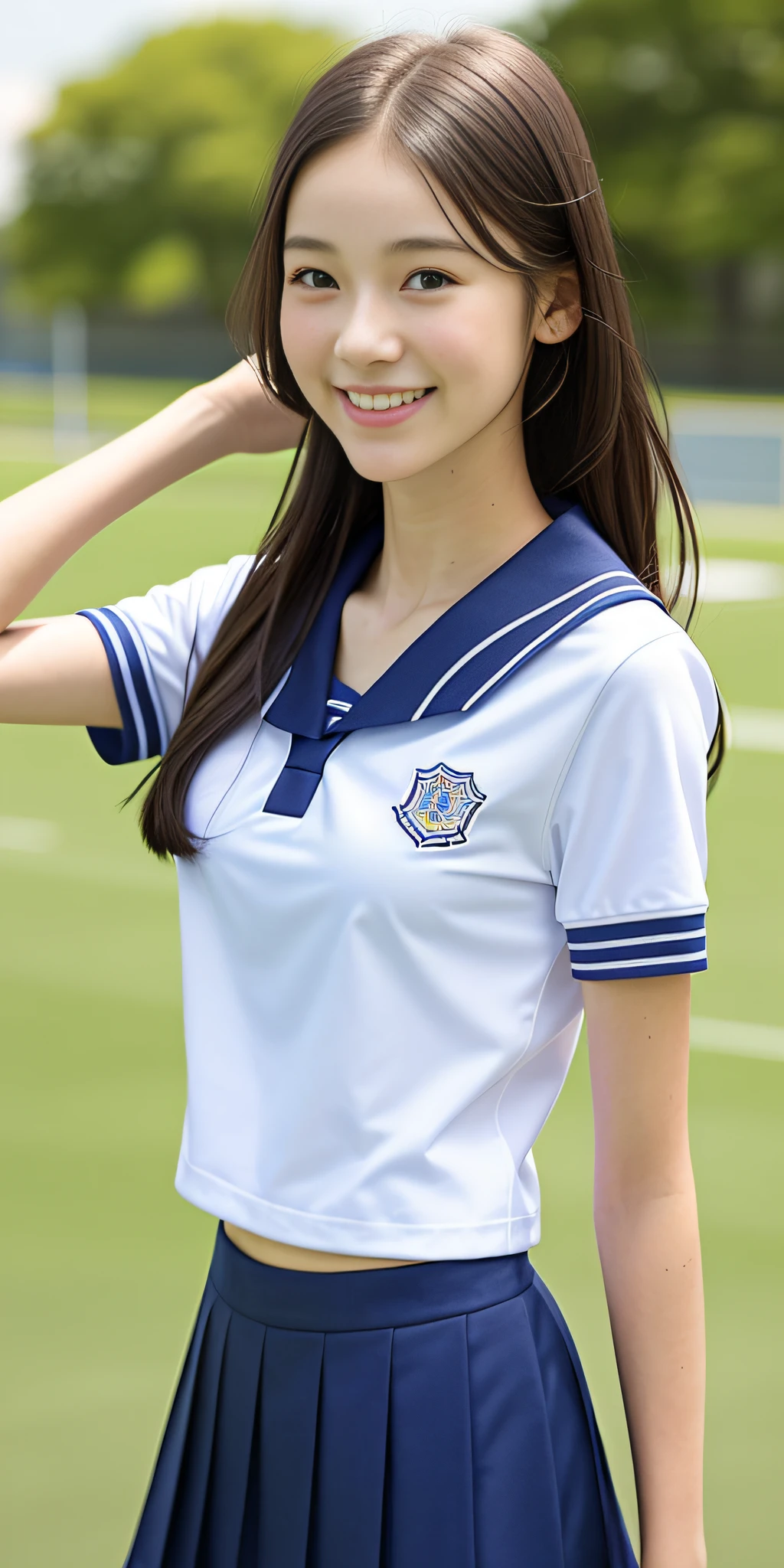 neat college girl, petite, (school uniform, summer clothes, short sleeves), outside the athletic field, (slim), photorealistic, detail, skin texture, ultra detail, delicate and sexy collarbone, smile, super detailed face, detailed lips, detailed eyes, breast emphasis