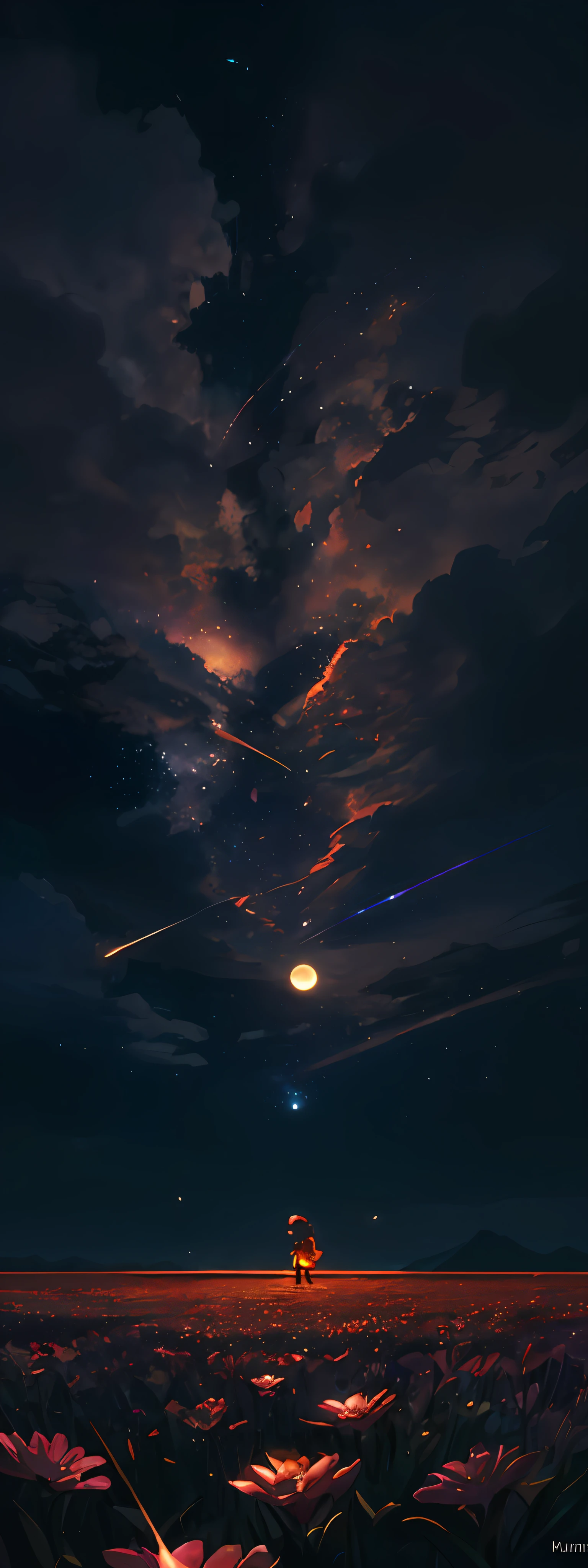 Vast landscape photo, (viewed from below, the sky is above and the open field is below), a girl standing on a flower field looking up, (full moon: 1.2), (meteor: 0.9), (nebula: 1.3), distant mountains , Trees BREAK Crafting Art, (Warm Light: 1.2), (Fireflies: 1.2), Lights, Lots of Purple and Orange, Intricate Details, Volumetric Lighting, Realism BREAK (Masterpiece: 1.2), (Best Quality), 4k, Ultra-Detailed, (Dynamic Composition: 1.4), Very Detailed, Colorful Details, (Rainbow Colors: 1.2), (Glow Lighting, Atmospheric Lighting), Dreamy, Magical, (Solo: 1.2)
