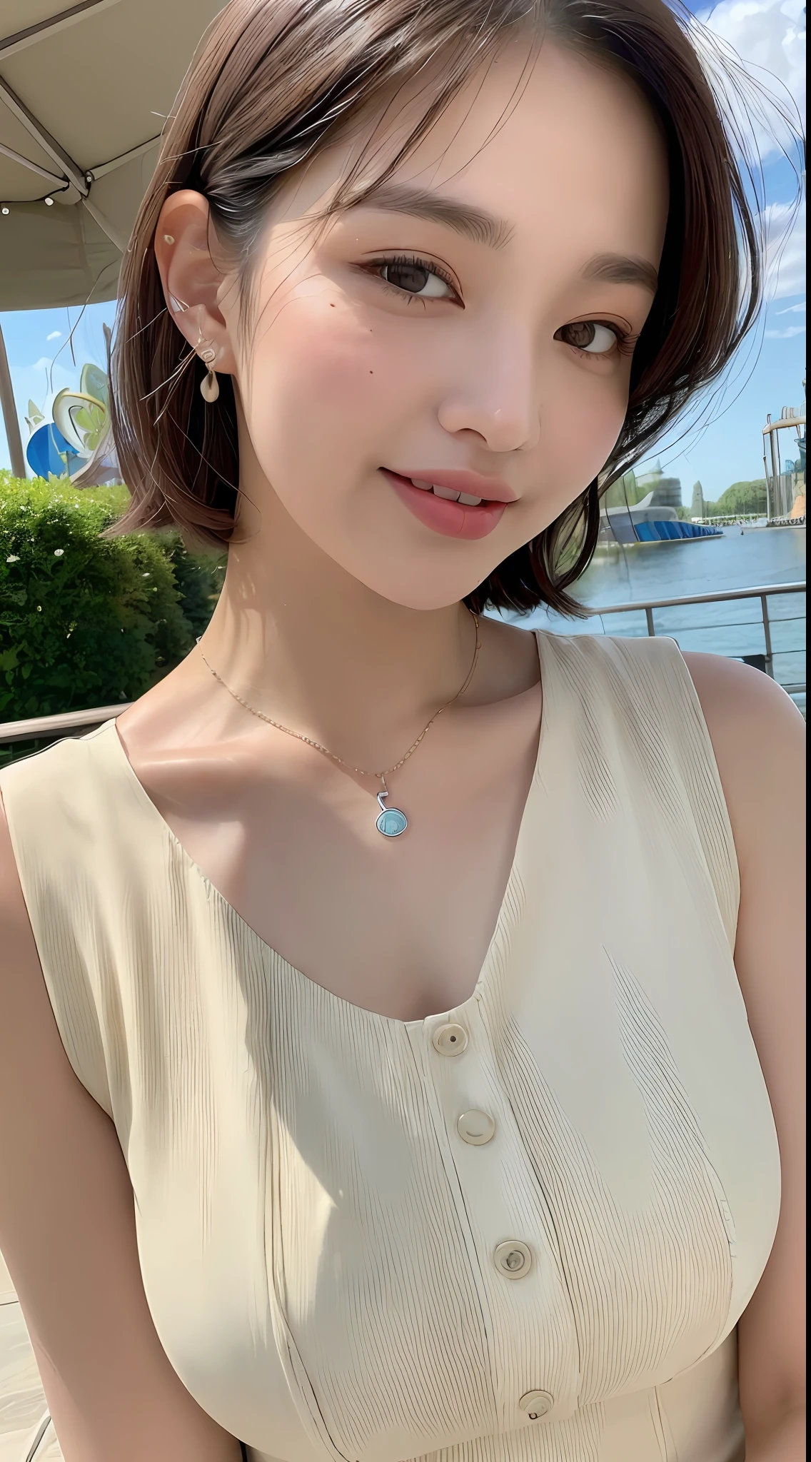 ((Best Quality, 8K, Masterpiece: 1.3, 1girl, Beautiful Girl, Ultra-detailed face and skin texture, Detailed Lips, Detailed Tongue, Dynamism)), Photorealistic, raw photo, natural lighting、( dark rust colored wavy short hair), big, toned abdomen, big round buttocks, double eyelids, dark gray eyes, moist lips, large earrings, simple necklace, moles around the eyes, (cream color sleeveless pleated dress, theme park), smile, splash water, surprise
