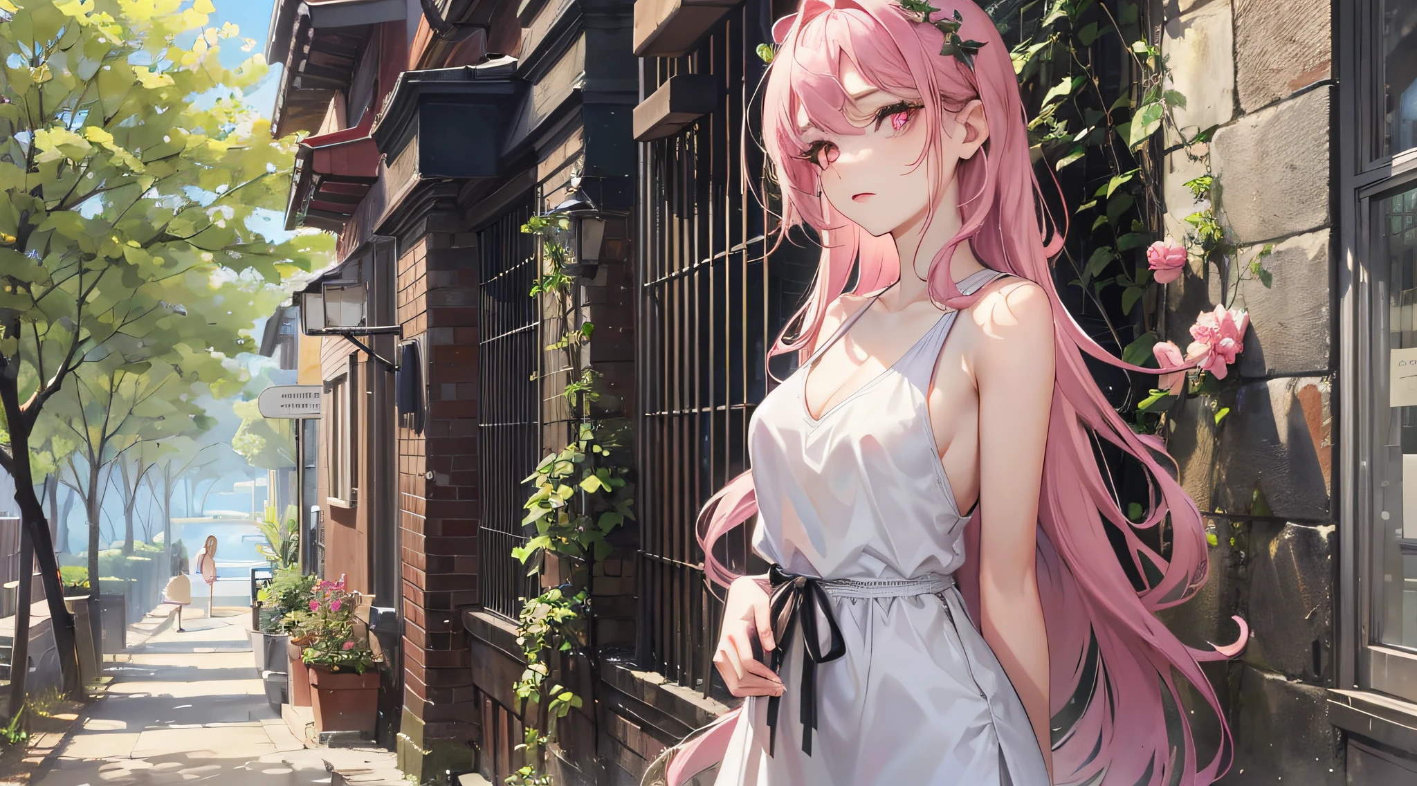 Beautiful young woman, (appearance: 1.1), pink eyes, long hair pouring down from behind, wearing a sleeveless dress, bare shoulders, casually leaning against a wall or tree, standing