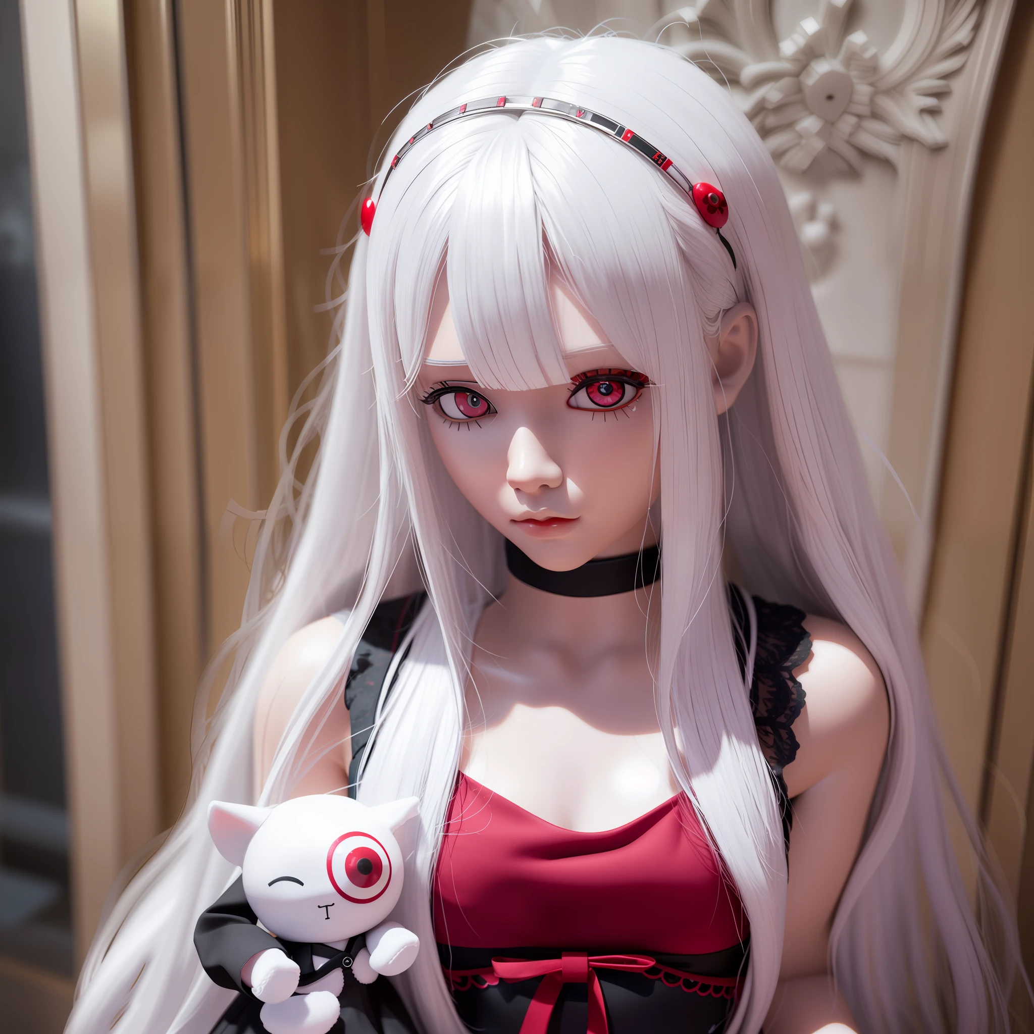 3d doll, white hair, red eyes, 3d character, 3d character, cute doll, beautiful 3d doll, 3d, 1 boneca