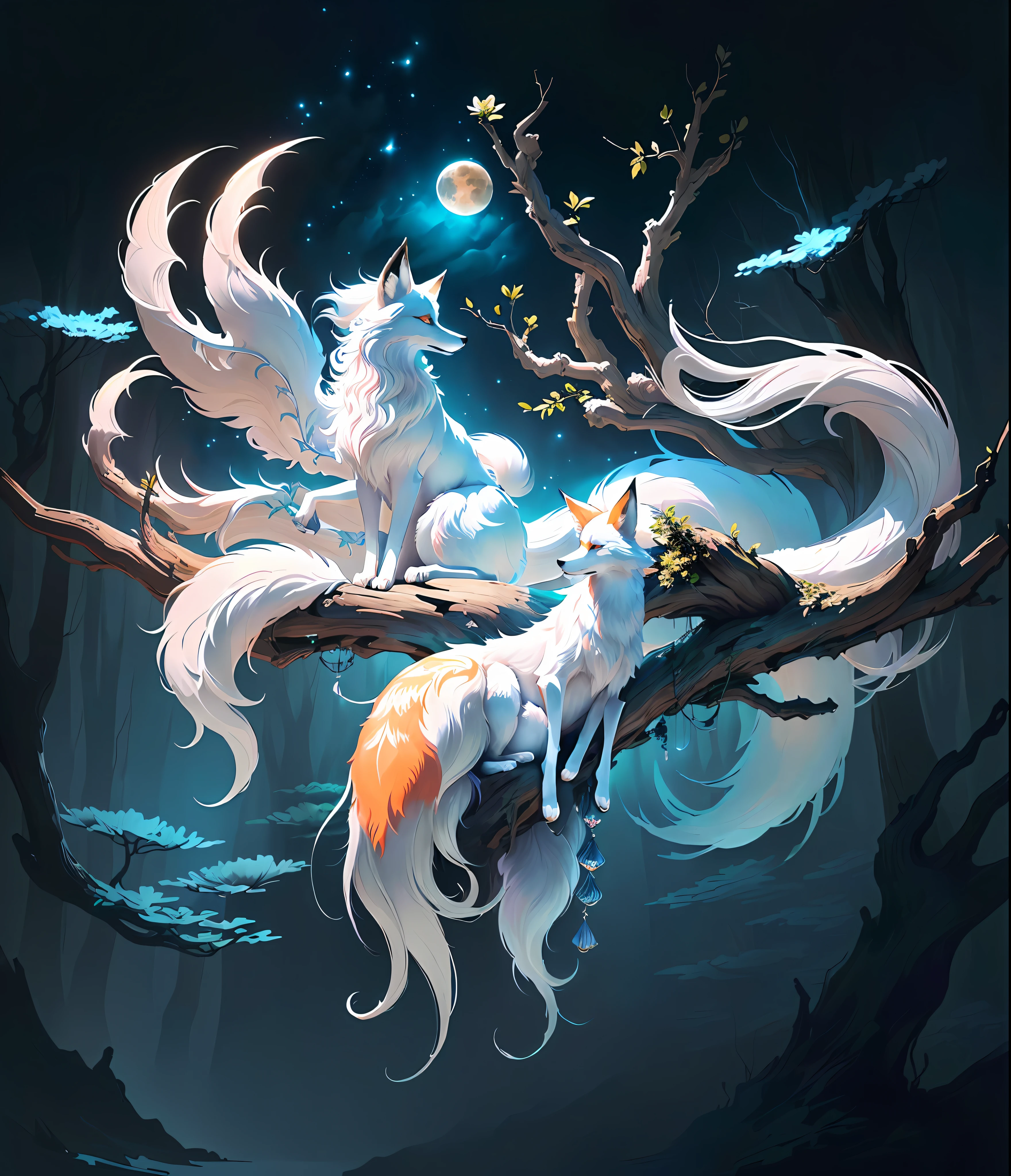 The background is a painting of a big moon, dreamy, a fox with white hair sitting on a branch under the stars, ethereal fox, nine-tailed fox, fox three-tailed fox, Onmyoji detailed art, nine tails, beautiful artwork illustrations, mythical creatures, foxes, beautiful digital artwork, exquisite digital illustrations, mizutsune, inspired by mythical creature wildnet, digital art on pixiv, bright light, high contrast, horror movie theme, dark atmosphere