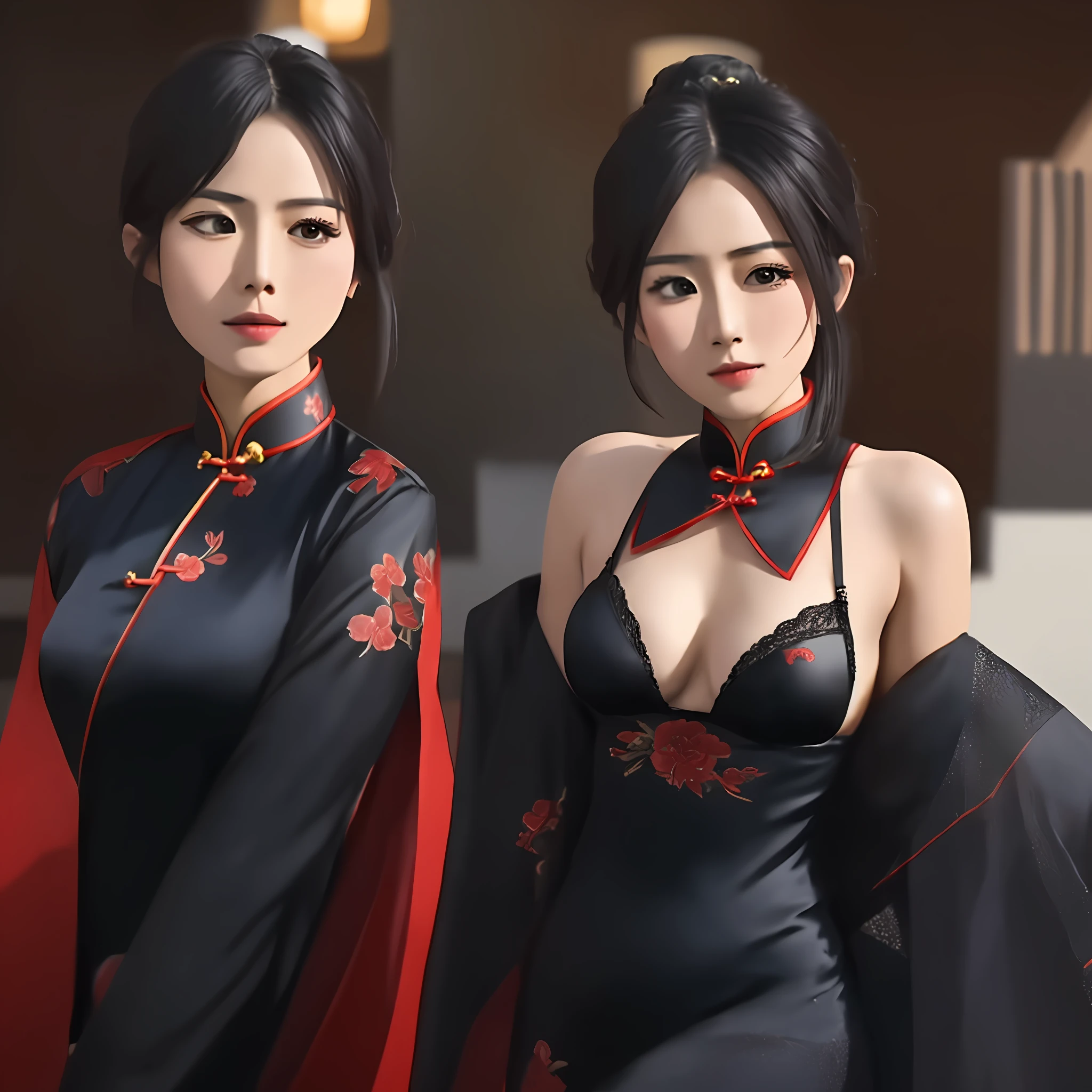 Asian, Chinese style, cheongsam, black silk, temptation, 