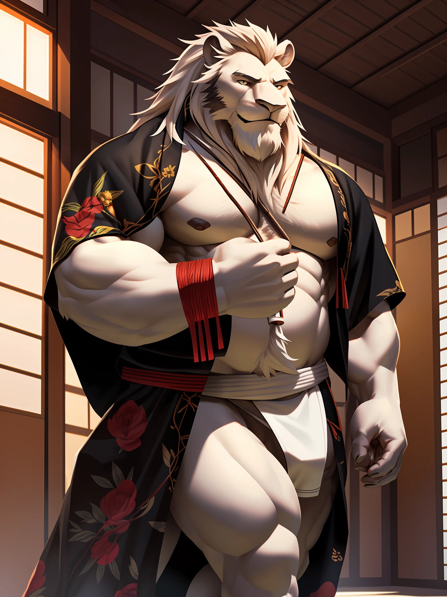 muscular man walking around in traditional japanese festivals, stands, white fundoshi,((open) black kimono), furry, an anthro (white lion), an anthto, a old man muscular, facial hair, happy expression, extremely detailed muscle, detailed face, face, detailed eyes, eyes, detailed muscle, realistic rendering, CG realistic, 3d realistic, photography, background