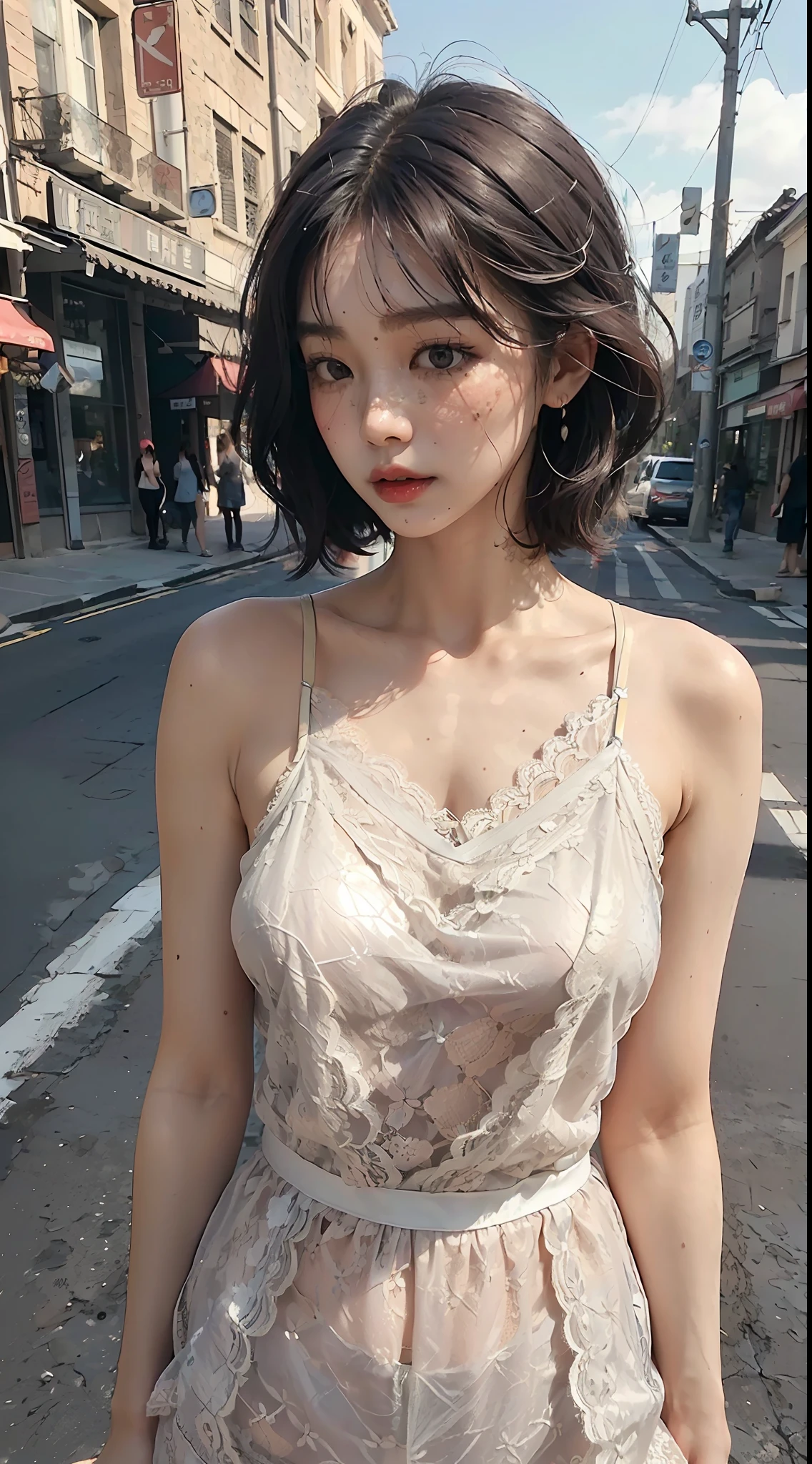 upper photo of a beautiful Korean woman, fiddling with cell phone in the middle of the street, [see-through](short lace cami:1.8), natural breast, medium breasts, (narrow waist, perfect body curve), earring, sharp focus, (tall body, adult woman), ((looking at away)), (high detailed skin, skin pores:1.4)