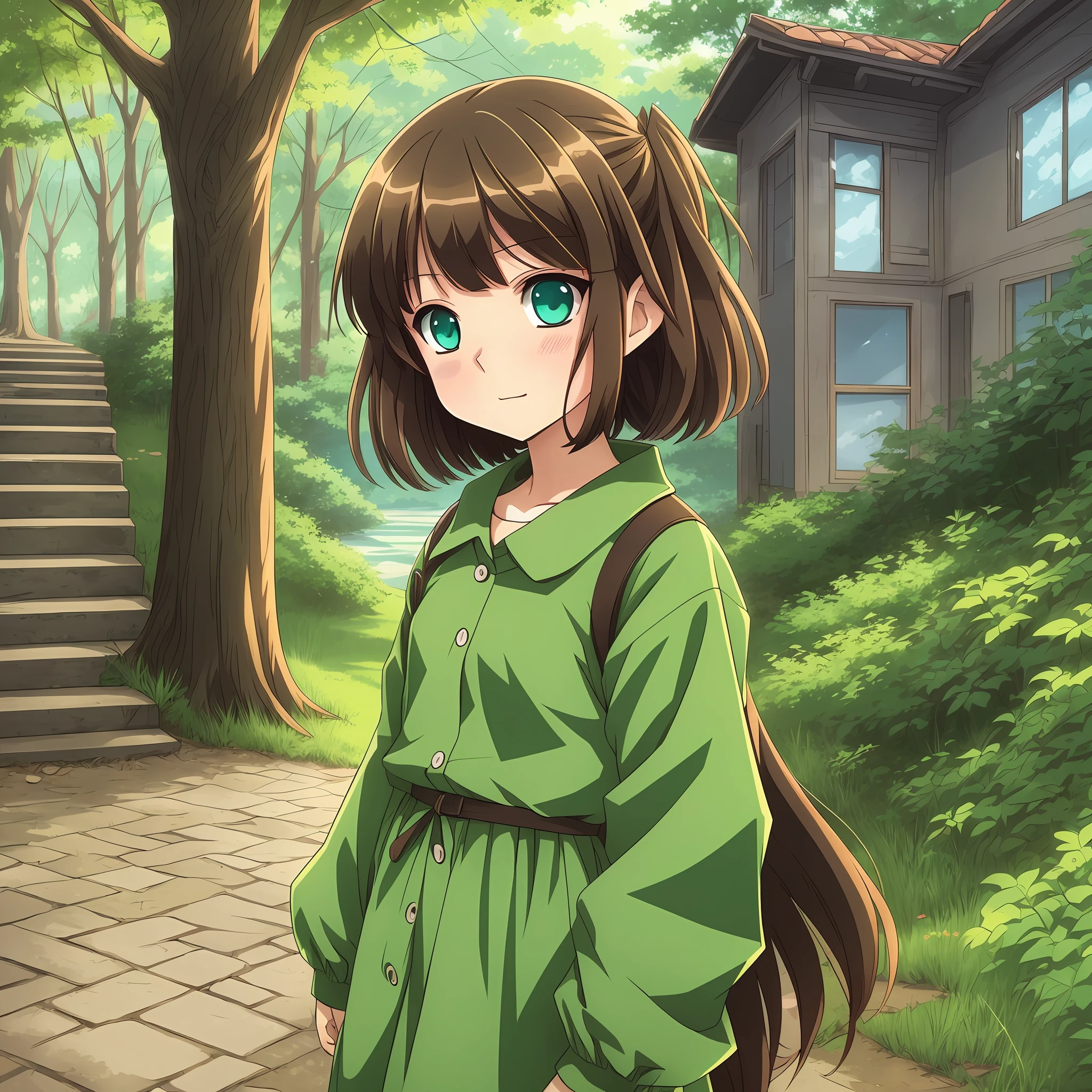 2d illustration, anime, girl, child, cute, big eyes, green eyes, brown hair, medium hair, green and blue clothing --auto --s2