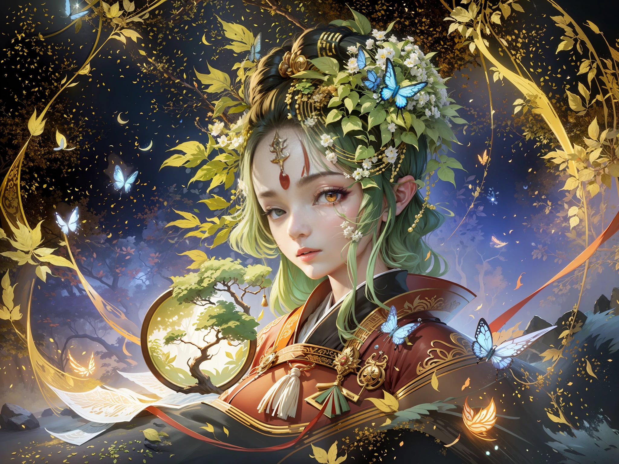 Masterpiece, best quality, a beautiful woman, ancient Chinese imperial robe, majestic domineering, curvaceous figure, phoenix eyes, phoenix feathers, sunshine, clear face, masterpiece, super detail, movie composition, ultra hd, high quality, extremely detailed, official art, uniform 8k wallpaper, super detail, (very detailed CG unity 8k wallpaper), (best quality), (best illustration), (best shadow), UI interface border design with natural elements forest theme. Avatar frame designed as round, surrounded by delicate leaves and branches, with fireflies and glowing particle effects, (UI interface box design), (natural elements), (jungle theme), (square), (leaves), (branches), (fireflies), butterflies, (delicate leaves), (glow), (particle effects), isometric 3D, Octane rendering, ray tracing, super detailed