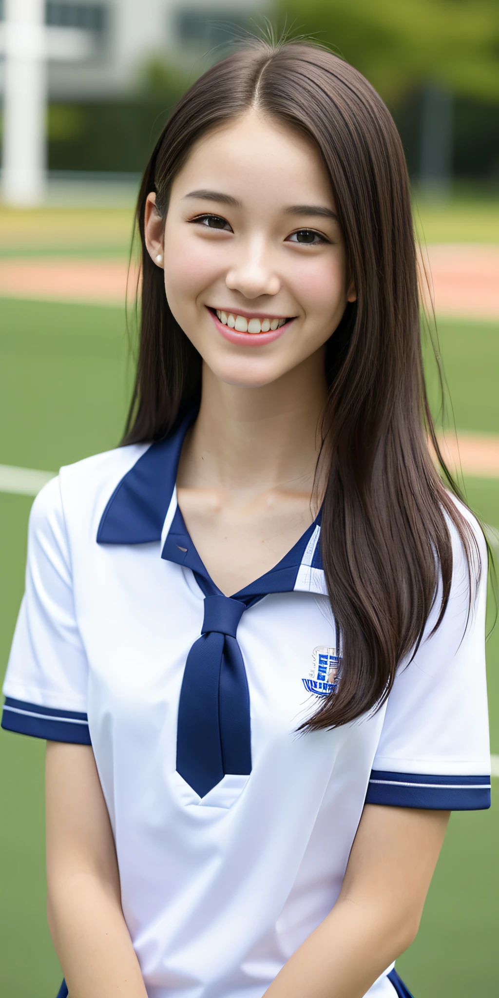 neat college girl, petite, (school uniform, summer clothes, short sleeves), outside the athletic field, (slim), photorealistic, detail, skin texture, ultra detail, delicate and sexy collarbone, smile, super detailed face, detailed lips, detailed eyes, breast emphasis