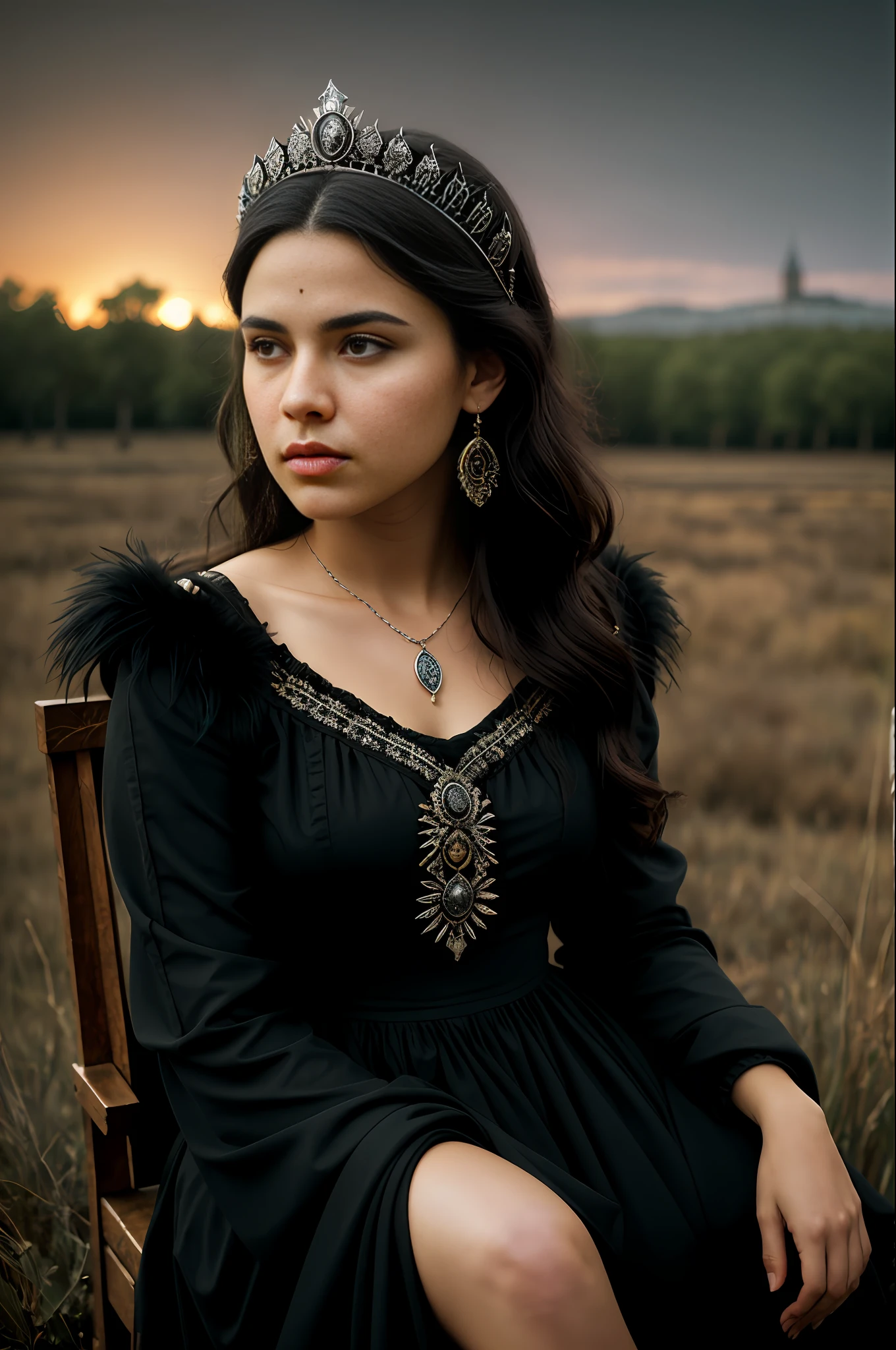 portrait of a beautiful woman, 17 years old. Of the white, Spanish skin, long on the shoulders black and smooth, fringe of Amazonian India, crown of princess, western eyes, color all black, fluffy turned, ((big cheeks)), sitting on a throne of Viking royalty, with a red dress of period in the middle ages, in an area where it has a Gothic church, inside hell and expensive cemetery would be (backlit),  realistic, masterpiece, high quality, brightness, shadow, black flower, gothic, [[chromatic aberration]], by Jeremy Lipking, by Antonio J. Manzanedo, digital painting, Spanish, 8k uhd,, forest, stones on the bank, river, wood, smoke, shadows, contrast, dark sky, style , (warm hue, cold tone
