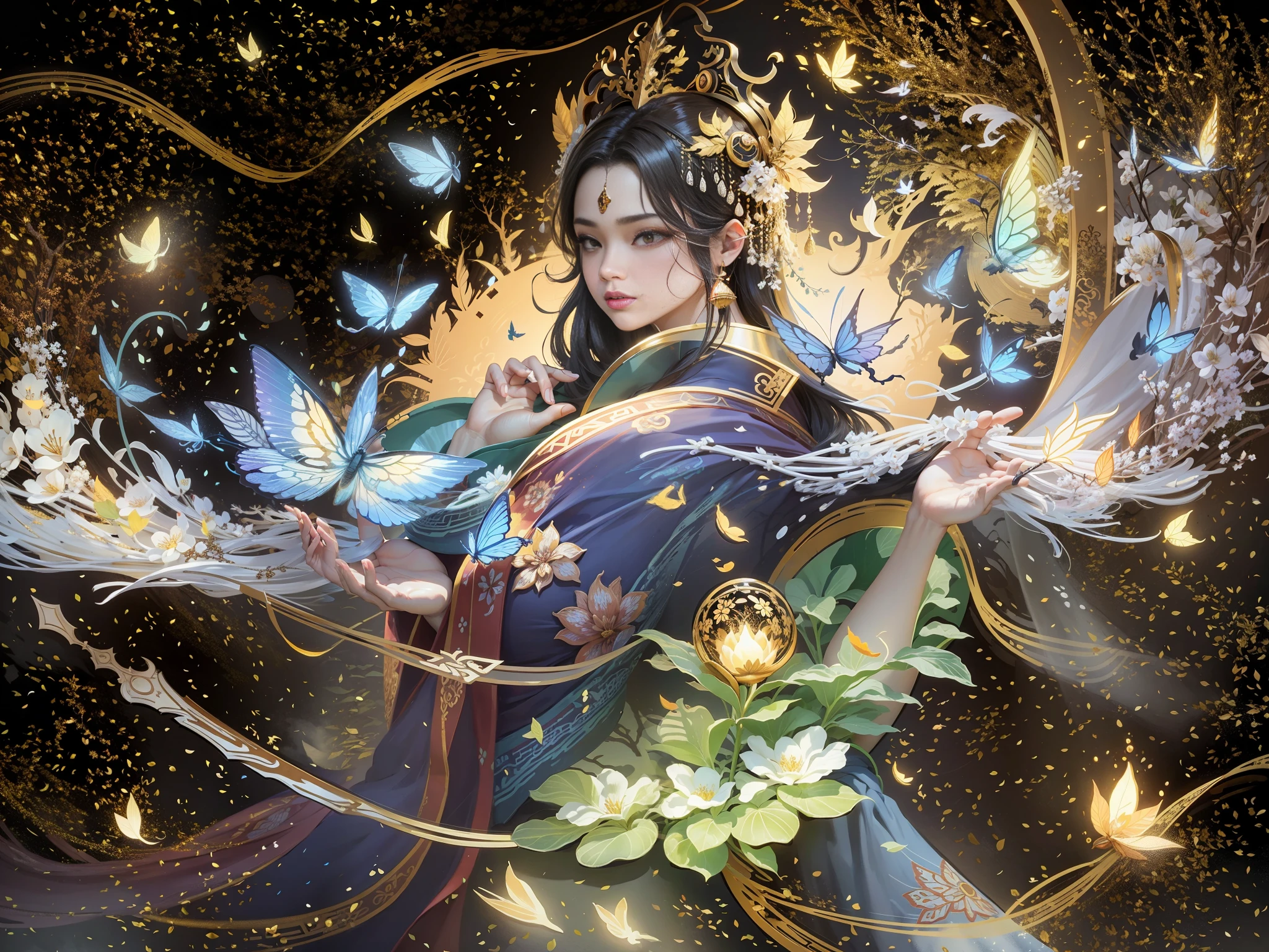 Masterpiece, best quality, a beautiful woman, ancient Chinese imperial robe, majestic domineering, curvaceous figure, phoenix eyes, phoenix feathers, sunshine, clear face, masterpiece, super detail, movie composition, ultra hd, high quality, extremely detailed, official art, uniform 8k wallpaper, super detail, (very detailed CG unity 8k wallpaper), (best quality), (best illustration), (best shadow), UI interface border design with natural elements forest theme. Avatar frame designed as round, surrounded by delicate leaves and branches, with fireflies and glowing particle effects, (UI interface box design), (natural elements), (jungle theme), (square), (leaves), (branches), (fireflies), butterflies, (delicate leaves), (glow), (particle effects), isometric 3D, Octane rendering, ray tracing, super detailed