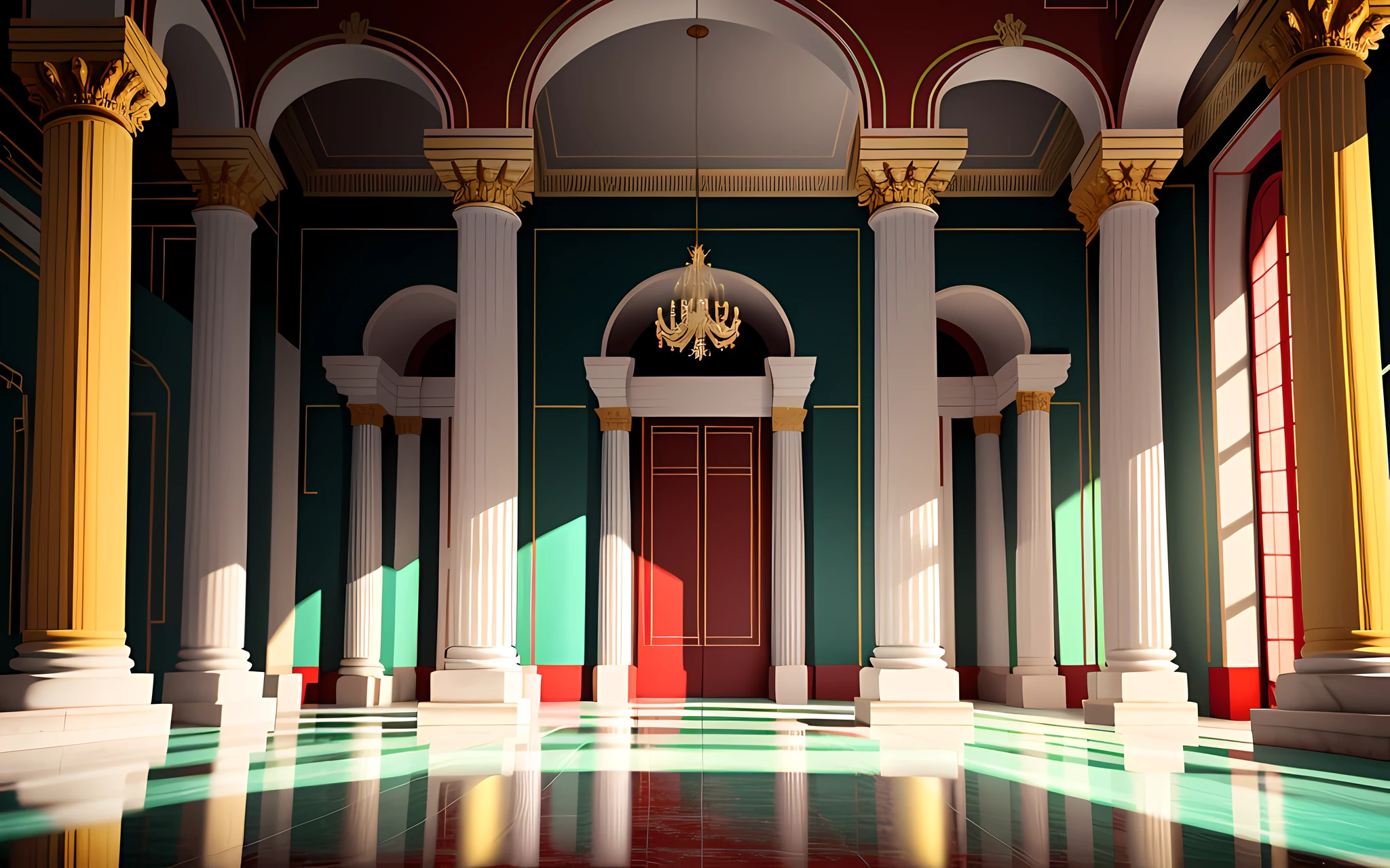 red marble, green marble, light Turquoise marble, marble aesthetic, white marble, shiny floor, marble floors, red padded, Greek Roman Columns, royal aesthetic, dark red details, Dark green details, Golden details, Gold, Turquoise details ((Chinese masterpiece)), color photograph, (sharp focus:1.2), sitting, extremely detailed, intricate, dramatic lighting, moody and melancholic atmosphere, sony a7 IV film stock photograph 4 kodak portra 400 camera f1.6 lens rich colors hyper realistic lifelike texture, best quality dramatic lighting cinestill 800, deep shadow, photo, Highly detailed, wide angle lens, depth of field, bokeh, 4K, HDR, absurdres, hyperrealistic, photorealistic, 1980s.