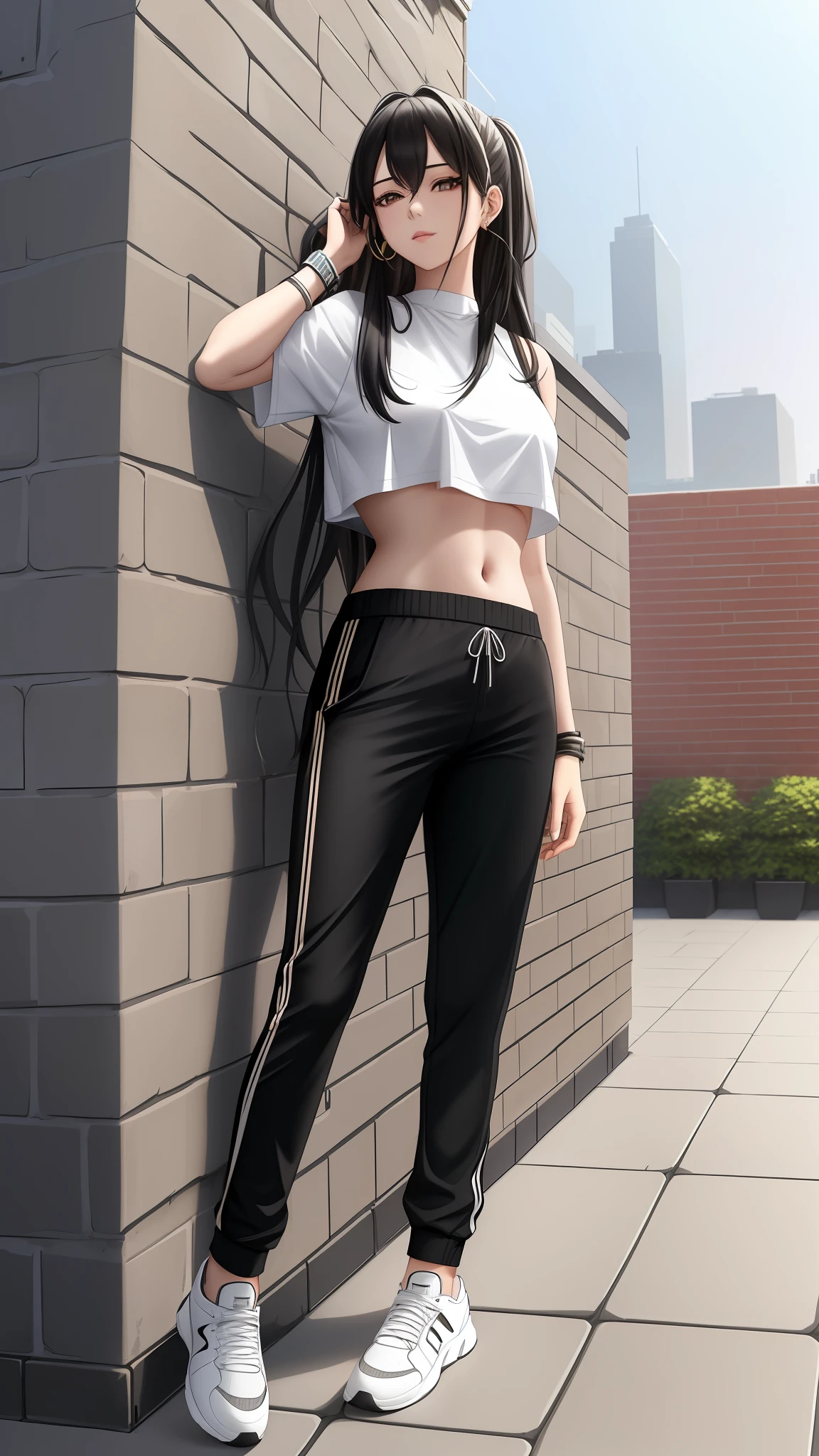 a woman is posing on a ledge with her hands in her hair and wearing a white shirt and black pants, Caro Niederer, fashion photoshoot, a polaroid photo, aestheticism, 1girl, bathroom, black_hair, brick, brick_floor, brick_wall, building, chain-link_fence, city, day, fence, hexagon, honeycomb_\(pattern\), honeycomb_background, long_hair, midriff, navel, net, outdoors, pants, pavement, rooftop, shoes, sidewalk, silk, skyscraper, sneakers, solo, spider_web, sportswear, stone_floor, stone_wall, tile_floor, tile_wall, tiles, wall, white_footwear, wristband, (underboob:1.3), small chest, small breasts