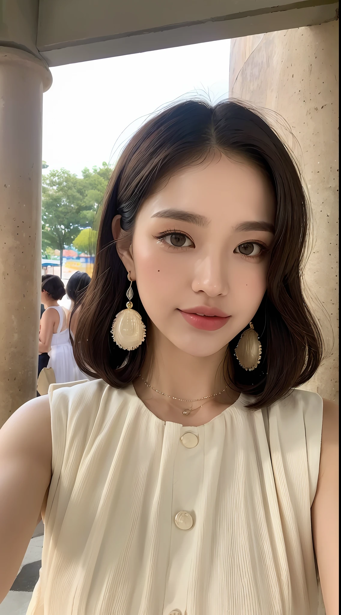 ((Best Quality, 8K, Masterpiece: 1.3, 1girl, Beautiful Girl, Ultra-detailed face and skin texture, Detailed Lips, Detailed Tongue, Dynamism)), Photorealistic, raw photo, natural lighting、( dark rust colored wavy short hair), big, toned abdomen, big round buttocks, double eyelids, dark gray eyes, moist lips, large earrings, simple necklace, moles around the eyes, (cream color sleeveless pleated dress, theme park), smile, excited, hands up