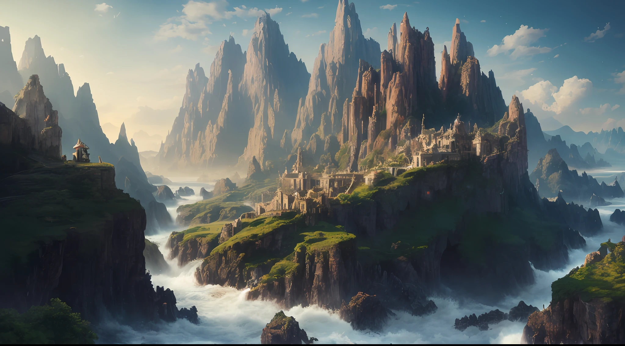 Masterpiece, best quality, high quality, extremely detailed CG unity 8k wallpaper, landscape, outdoor, sky, clouds, sky, no humans, mountain, landscape, water, tree, blue sky, waterfall, cliff, nature, lake, river , cloudy skies, award winning photography, bokeh, depth of field, HDR, bloom, chromatic aberration, photorealism, very detailed, trending on artstation, trending on CGsociety, intricate, high detail, dramatic, half way art