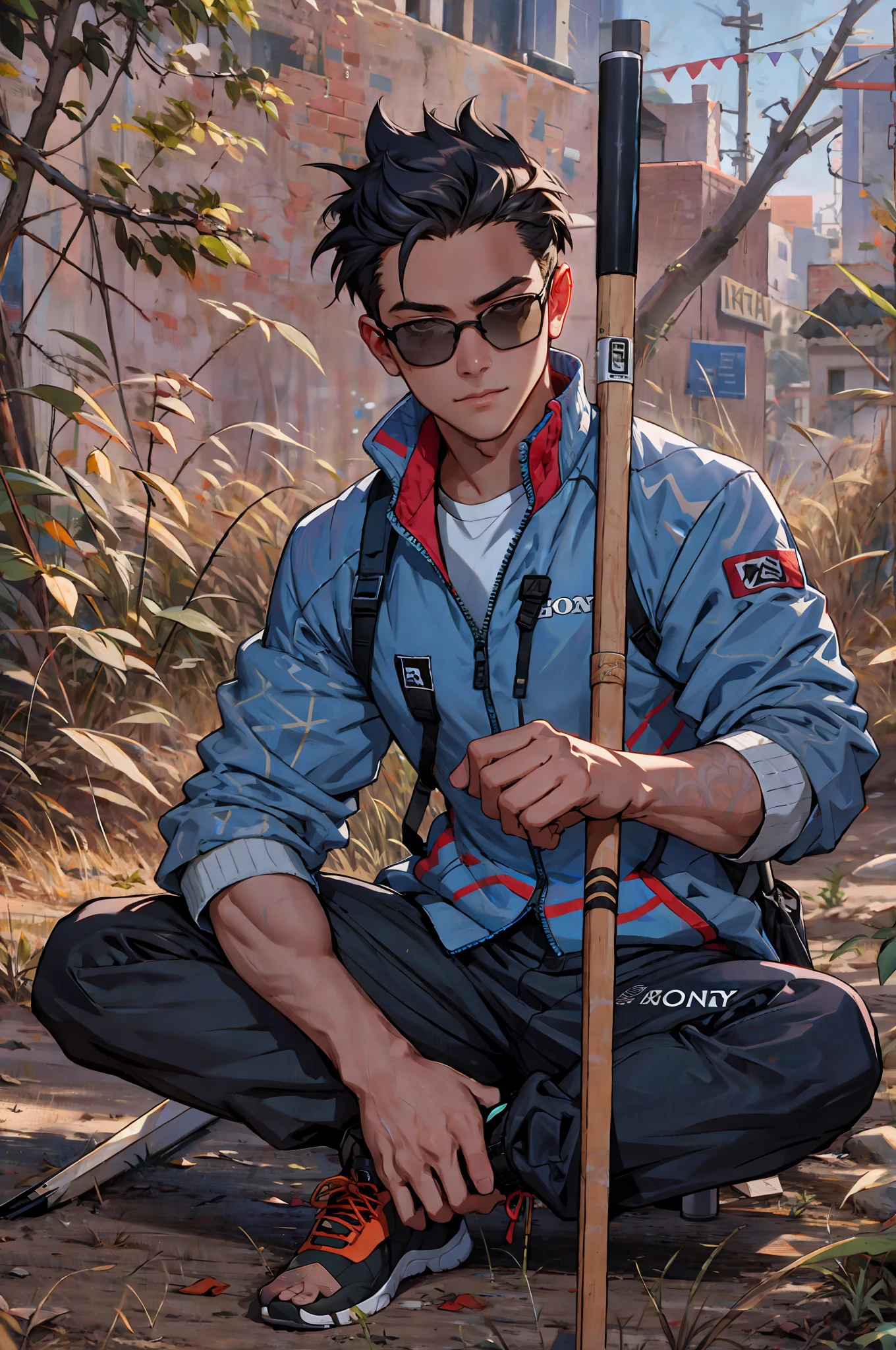 boy sitting on the ground with a stick and sunglasses on, taken with canon 8 0 d, young male with walking stick, wearing track and field suit, shot on 70mm, shot on 7 0 mm, shot on 85mm, shot on 70 mm, taken with sony alpha 9, shot on sony a 7, taken with canon eos 5 d