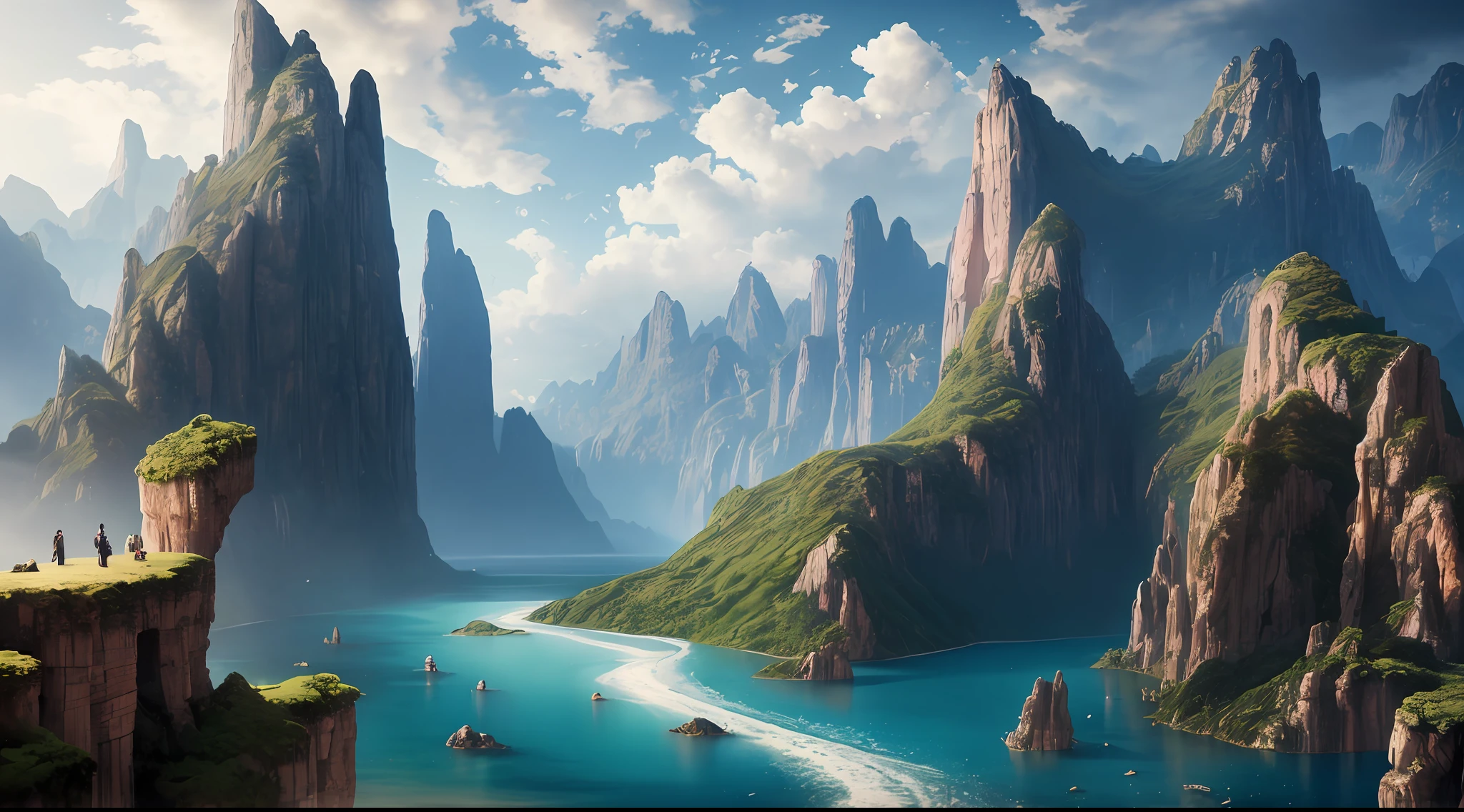 Masterpiece, best quality, high quality, extremely detailed CG unity 8k wallpaper, landscape, outdoor, sky, clouds, sky, no humans, mountain, landscape, water, tree, blue sky, waterfall, cliff, nature, lake, river , cloudy skies, award winning photography, bokeh, depth of field, HDR, bloom, chromatic aberration, photorealism, very detailed, trending on artstation, trending on CGsociety, intricate, high detail, dramatic, half way art