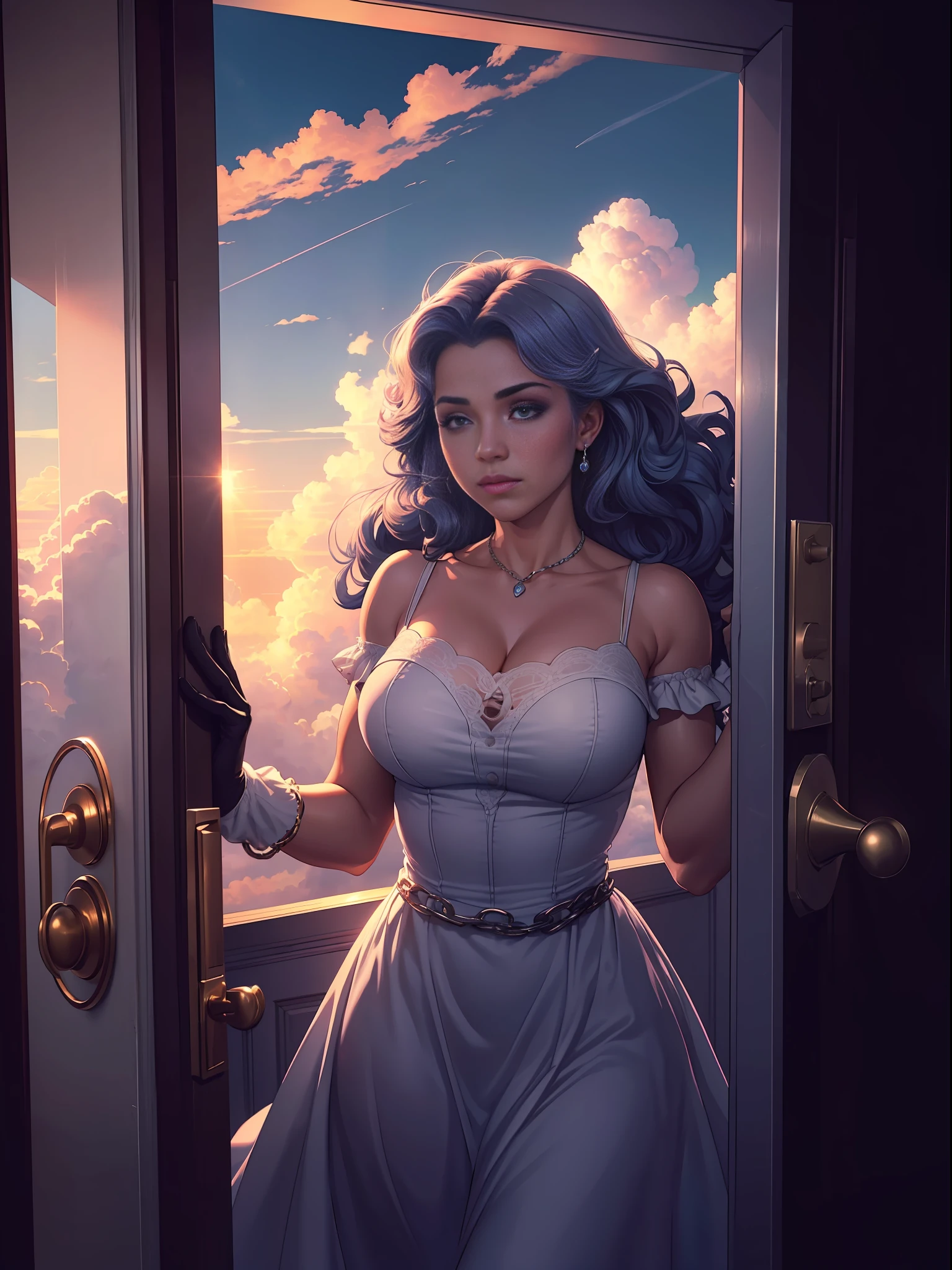 ((clouds ))((Stretching a female hand out of the door, his hand on the doorknob, very pretty, wearing gloves, roses, and a ring with a chain)), ((From the door: a beautiful giant reaching up to the clouds, and the(( clouds below)))) ((God's rays, glowing light, halftone, anaglyph, cinematic lighting, blur, motion blur, buff)) --s2