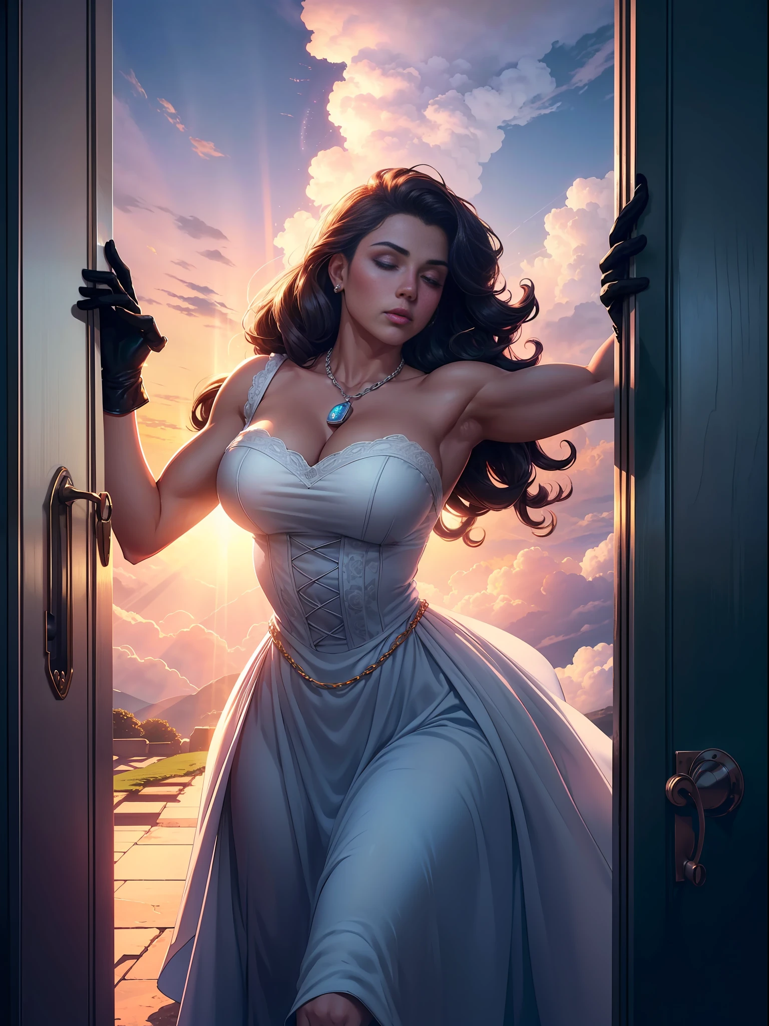 ((clouds ))((Stretching a female hand out of the door, his hand on the doorknob, very pretty, wearing gloves, roses, and a ring with a chain)), ((From the door: a beautiful giant reaching up to the clouds, and the(( clouds below)))) ((God's rays, glowing light, halftone, anaglyph, cinematic lighting, blur, motion blur, buff)) --s2