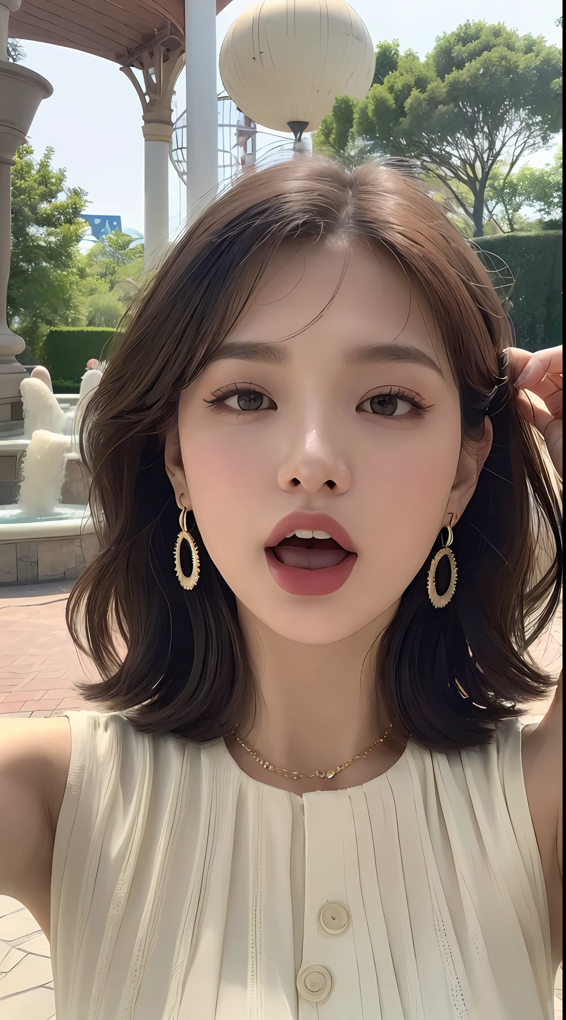 ((Best Quality, 8K, Masterpiece: 1.3, 1girl, Beautiful Girl, Ultra-detailed face and skin texture, Detailed Lips, Detailed Tongue, Dynamism)), Photorealistic, raw photo, natural lighting、( dark rust colored wavy short hair), big, toned abdomen, big round ????????, double eyelids, dark gray eyes, moist lips, large earrings, simple necklace, moles around the eyes, (cream color sleeveless pleated dress, theme park), excited, hands raised, wide mouth open