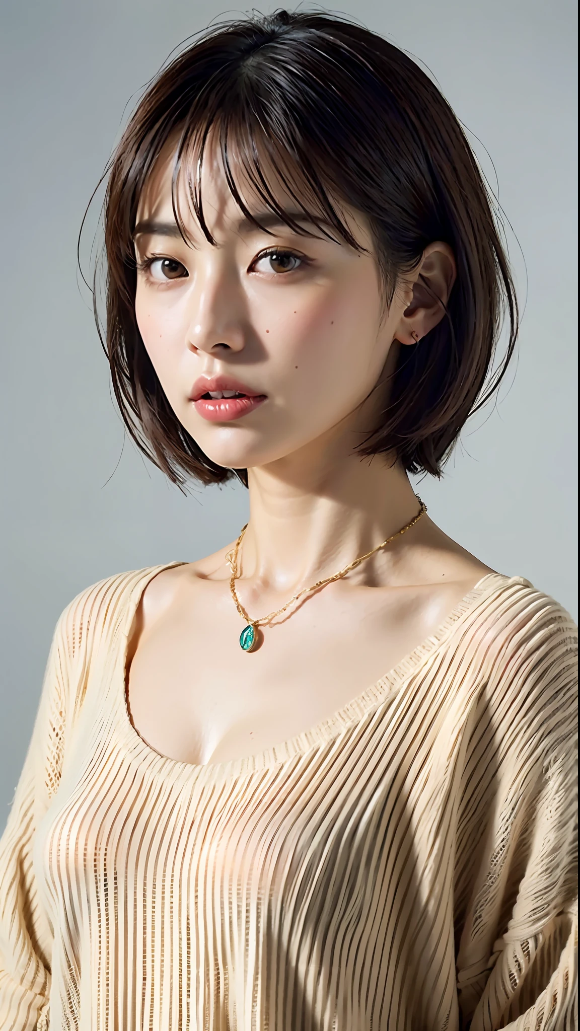 (Best quality, 8k, 32k, Masterpiece, UHD:1.2),Photo of Pretty Japanese woman, large breasts, very short bob hair,upper body,(oversized_sweater,:1.1) necklace, simple background, looking at around