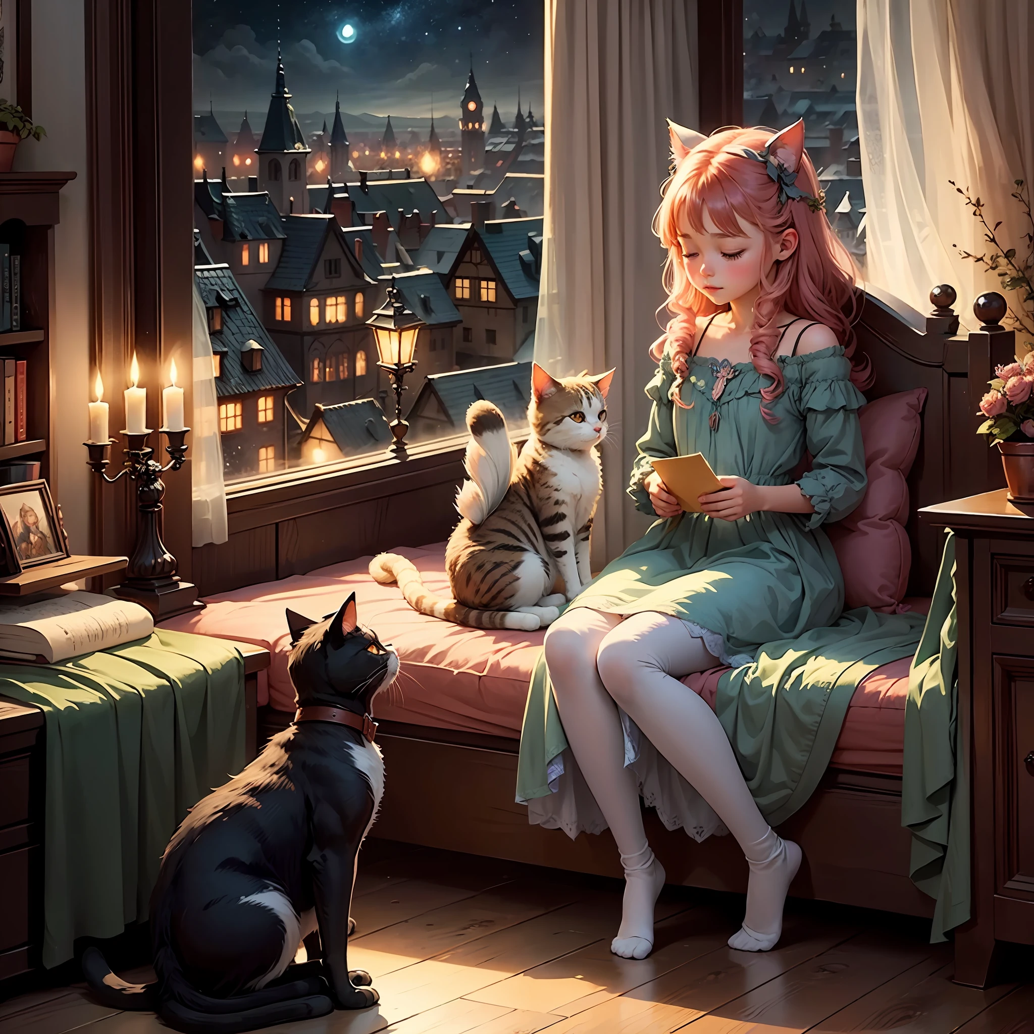 The cat brings people dreams, night, city, fairy tale atmosphere, soft colors, muted colors, as an illustration for a children's book, a fairy-tale illustration