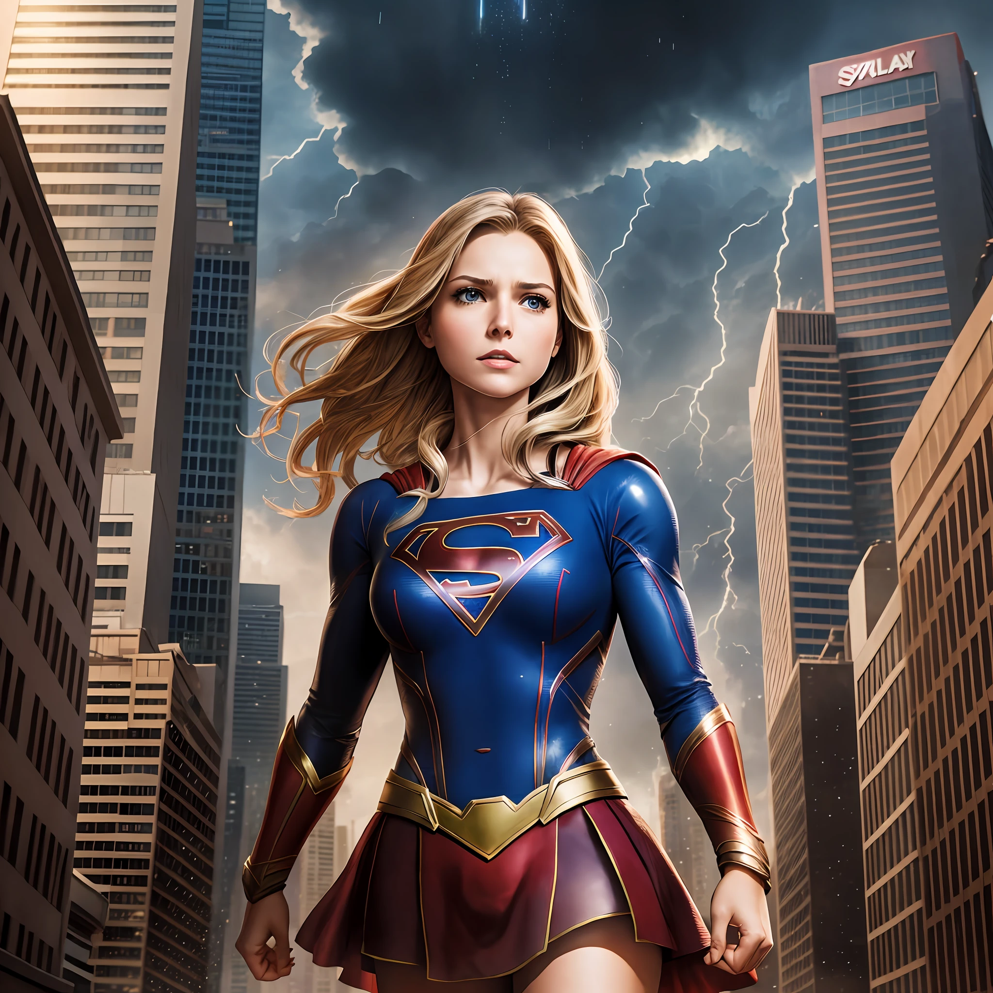 Supergirl walking in front of tall building Behind doomsday is falling in the sky --auto --s2