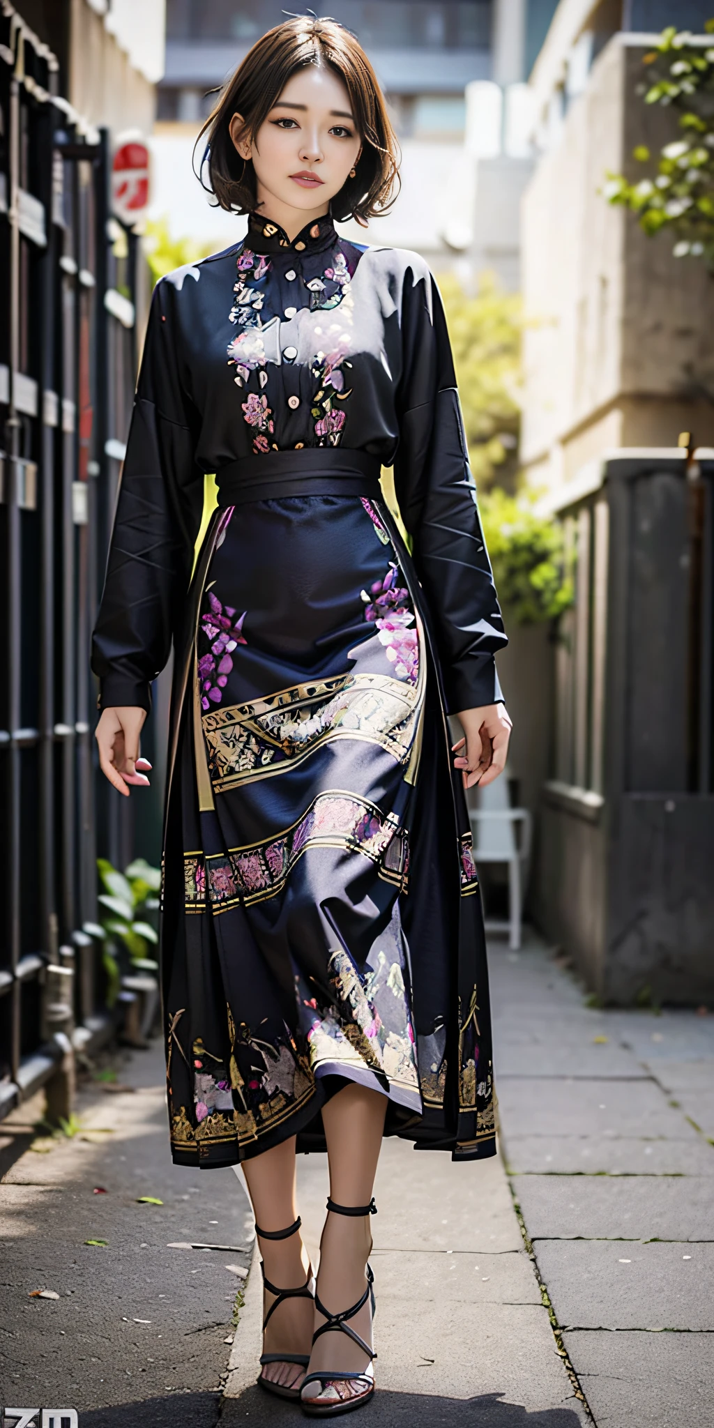 (dark purple print maxi dress: 1.2), (floral print: 1.2), (white long sleeves), high heels, 1 girl, full body, high heels, (Short hair: 1.1), (Realistic: 1.7), (Best quality)), Ridiculous, (Ultra High Resolution), (Realistic: 1.6), Realistic, Octane Rendering, (Surreal: 1.2), (Realistic Face: 1.2), (8K), (4K), (Masterpiece), (Realistic Skin Texture), (Illustration, Cinematic Lighting, Wallpaper), (Beautiful Eyes: 1.2), (((Perfect Face)))), (Cute), (Standing), (Brunet), (Short Hair), Black Eyes, Red Lips, (Outdoor), (8K , RAW photos, best quality, masterpiece), ultra-high resolution,