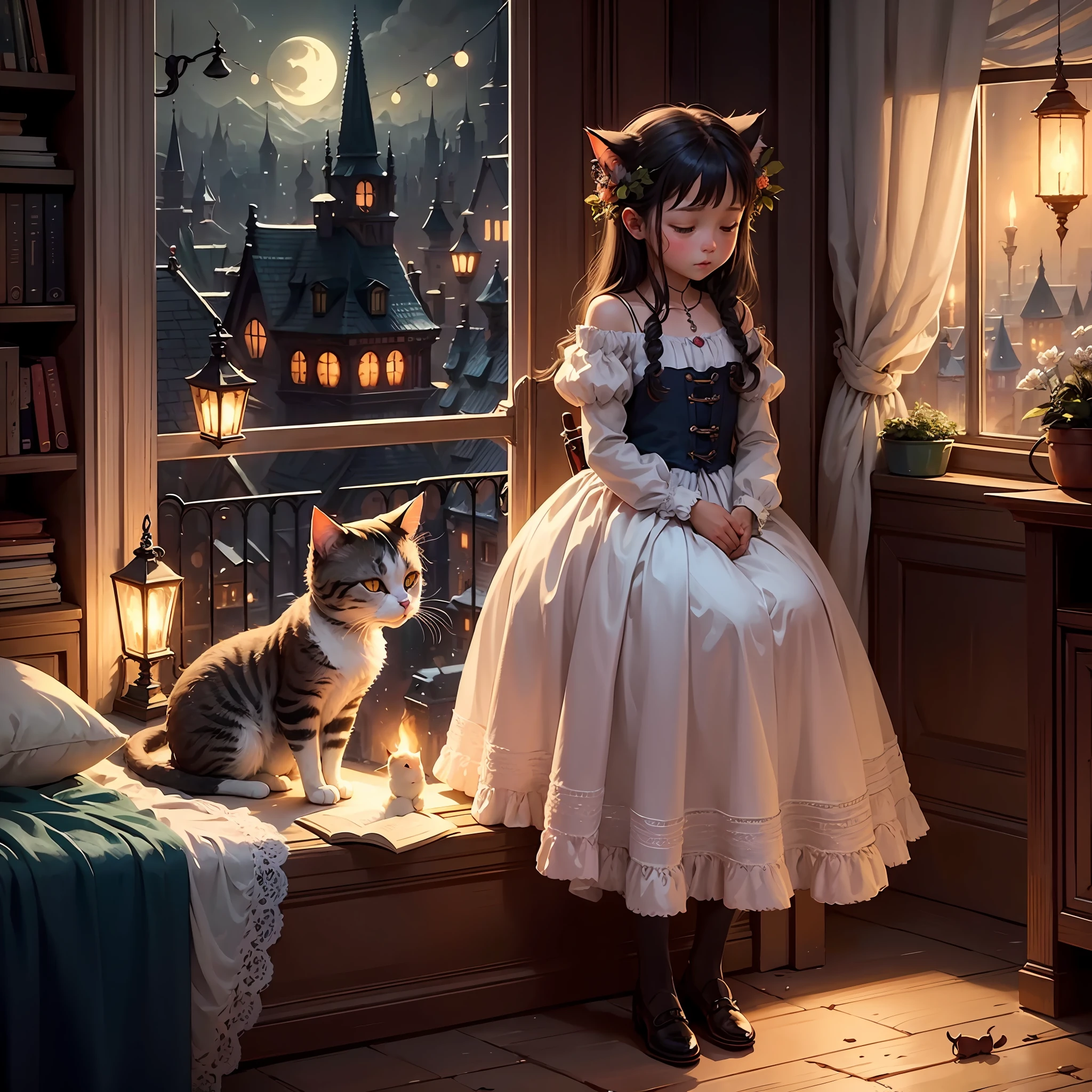 The cat brings people dreams, night, city, fairy tale atmosphere, soft colors, muted colors, as an illustration for a children's book, a fairy-tale illustration