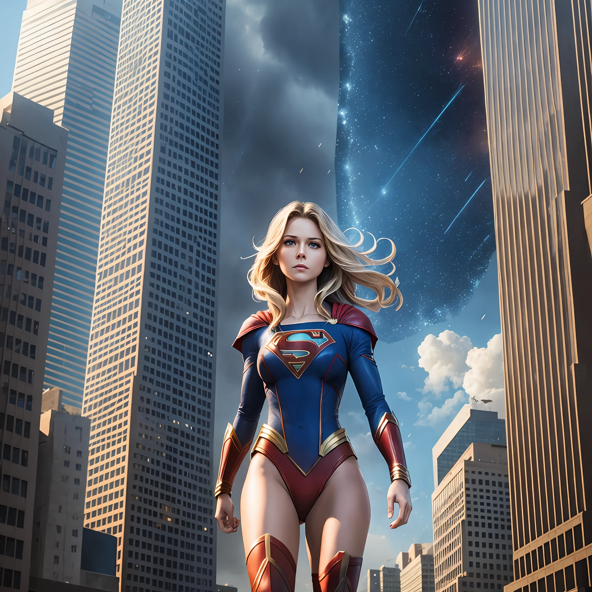 Supergirl walking in front of tall building  Behind doomsday is falling in the sky --auto --s2