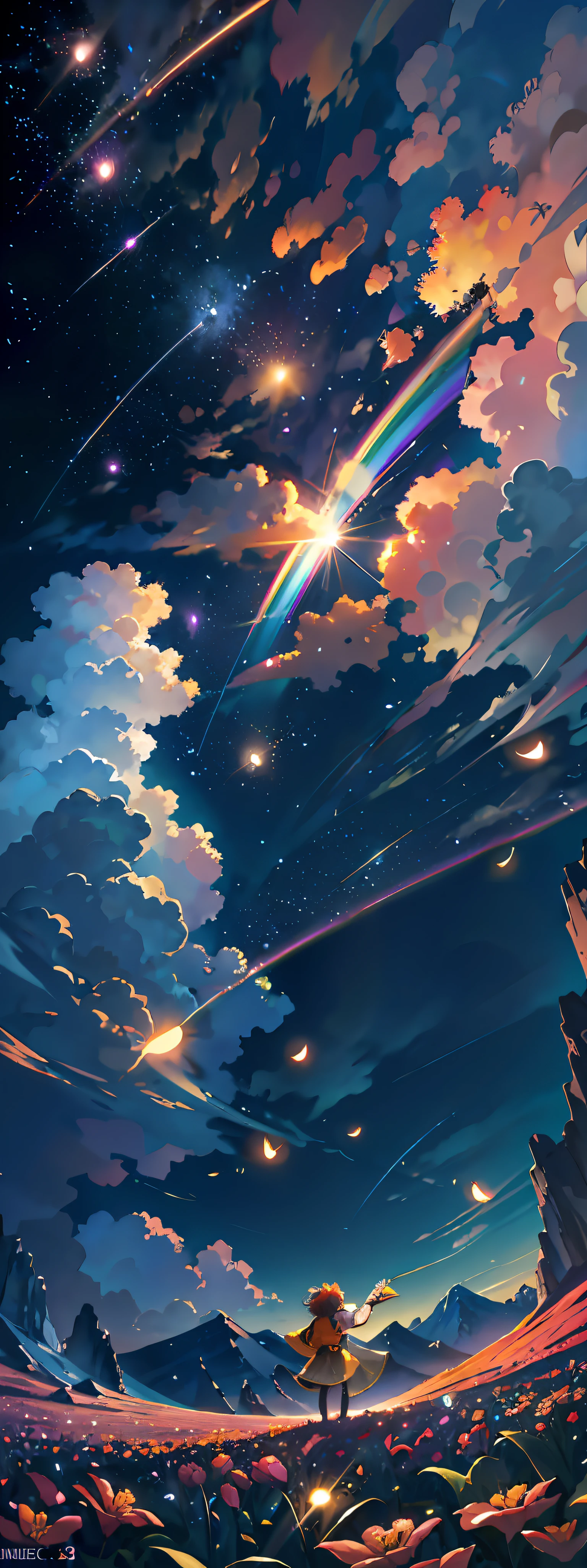 Vast landscape photo, (viewed from below, the sky is above and the open field is below), a girl standing on a flower field looking up, (full moon: 1.2), (meteor: 0.9), (nebula: 1.3), distant mountains , Trees BREAK Crafting Art, (Warm Light: 1.2), (Fireflies: 1.2), Lights, Lots of Purple and Orange, Intricate Details, Volumetric Lighting, Realism BREAK (Masterpiece: 1.2), (Best Quality), 4k, Ultra-Detailed, (Dynamic Composition: 1.4), Very Detailed, Colorful Details, (Rainbow Colors: 1.2), (Glow Lighting, Atmospheric Lighting), Dreamy, Magical, (Solo: 1.2)