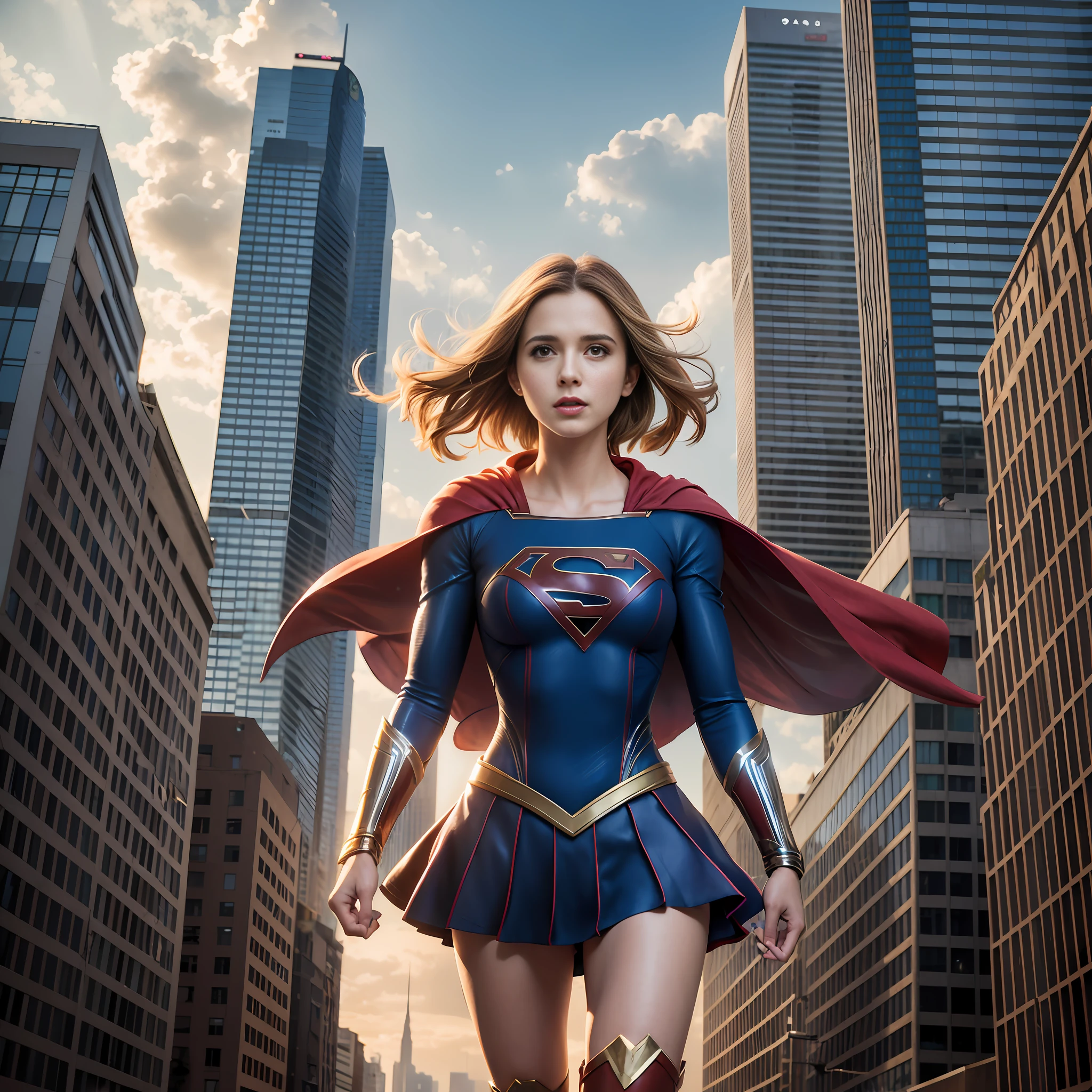 araffe woman in a superhero costume walking through a city, supergirl, emma watson as supergirl, gal gadot as supergirl, anime visual of supergirl, textless, official art, superhero portrait, wojtek fus, super high resolution, 3840 x 2160, 3840x2160, by Jakob Gauermann