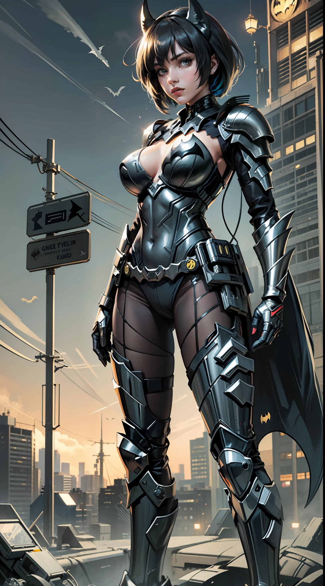 Female Batman, chrome batman armor, standing, post apocalytic dessert, night time, colorful background, UHD, side lighting, ultra realistic, ray tracing, full body must be shown