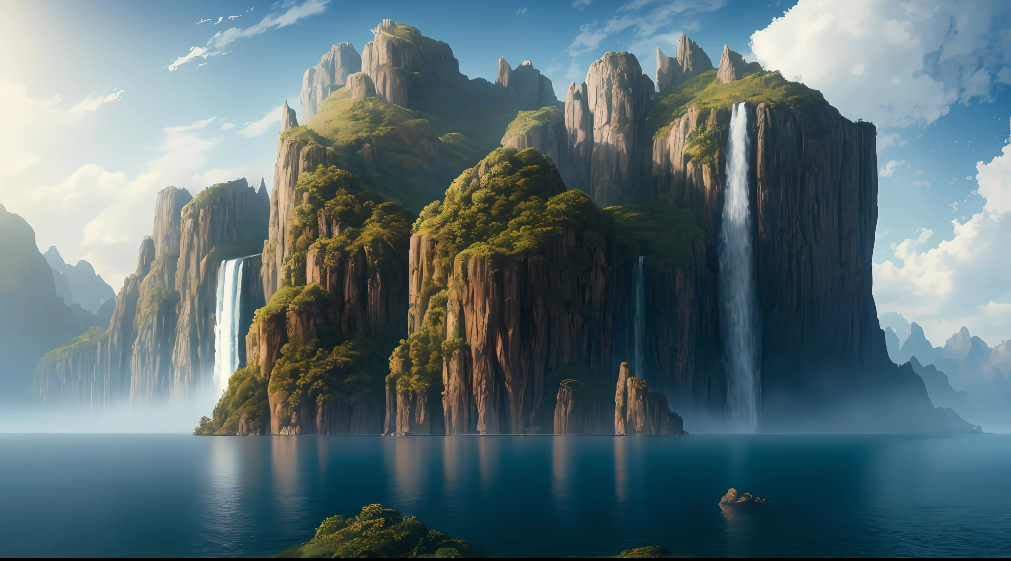Masterpiece, best quality, high quality, extremely detailed CG unity 8k wallpaper, landscape, outdoor, sky, clouds, sky, no humans, mountain, landscape, water, tree, blue sky, waterfall, cliff, nature, lake, river , cloudy skies, award winning photography, bokeh, depth of field, HDR, bloom, chromatic aberration, photorealism, very detailed, trending on artstation, trending on CGsociety, intricate, high detail, dramatic, half way art