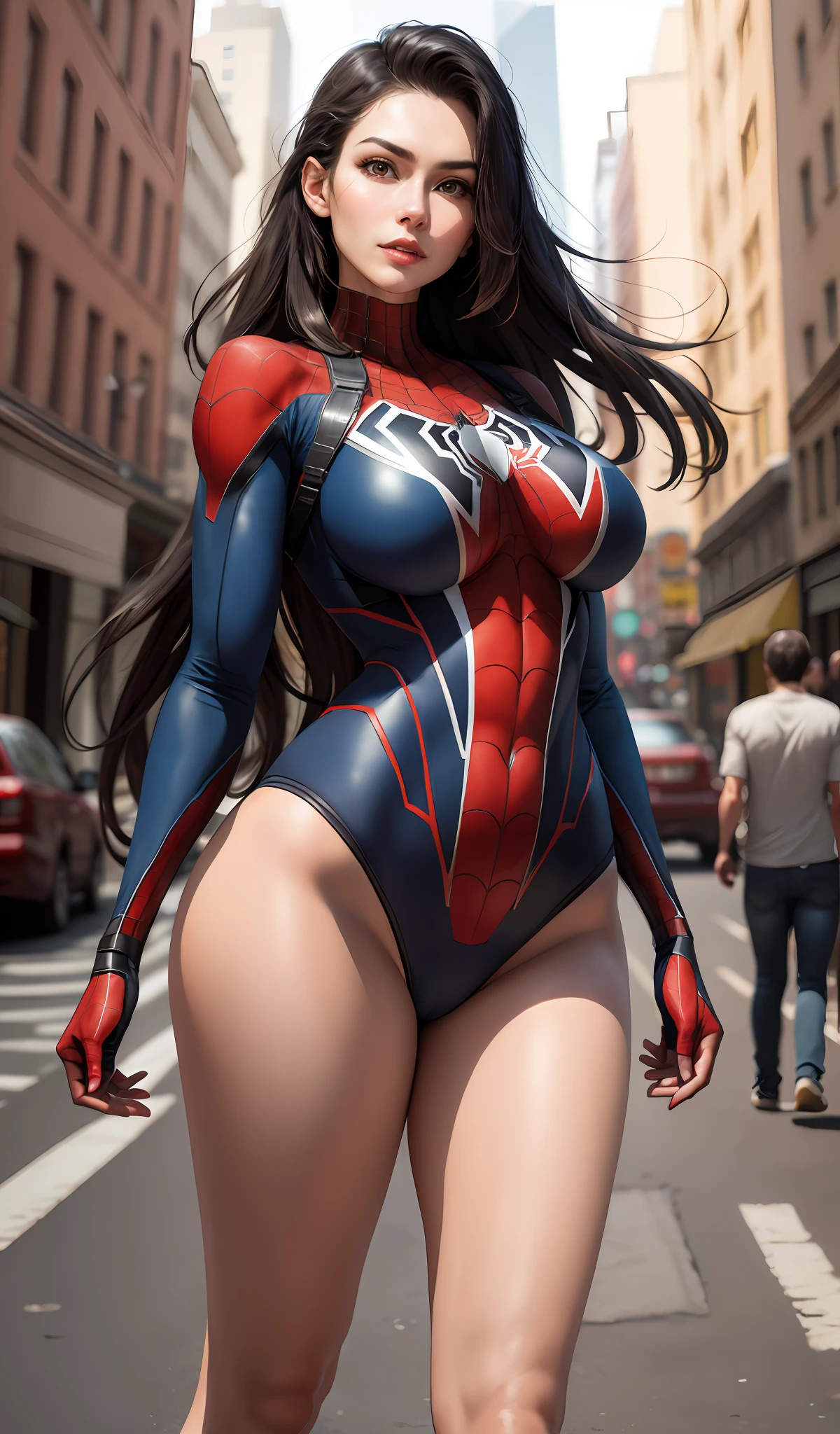 8K, realistic, ironic, very detailed, there is a girl in the sky, wearing a Spider-Man costume, she is Spider-Man, superhero theme, long black hair, 20 years old, full body, best angle, masterpiece photography, masterpiece: 1.2, best quality), full body, realistic, (real picture, meticulously crafted, depth of field), cleft lip, high detail, perfect face shape, perfect body, oversize model, mature woman, tall long legs, big breasts,