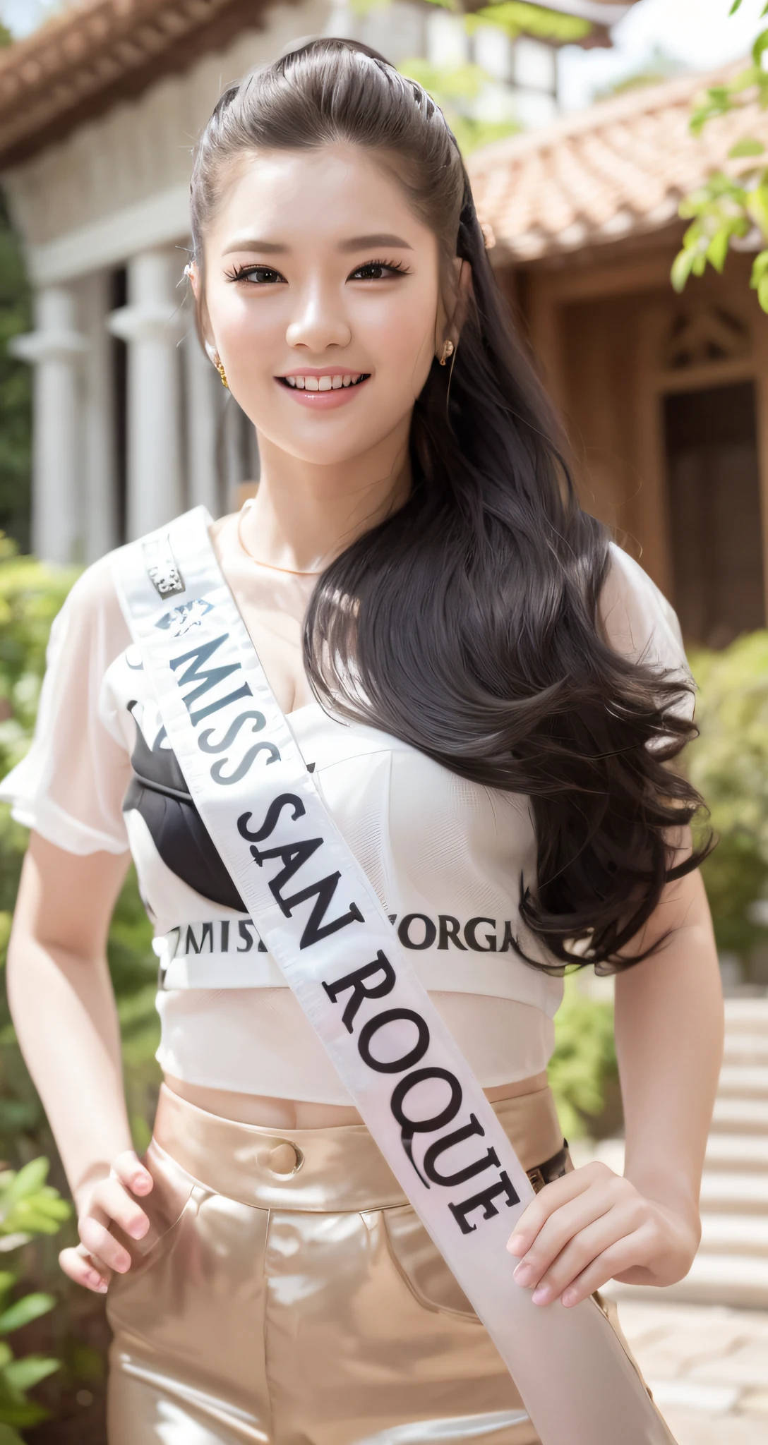 a close up of a woman in a white wet shirt and black short shorts, shin se-kyung, centre image, sukhothai costume, royal elegant pose, regal pose, mai anh tran, proud look, queen of the sea mu yanling, model posing, with crown, miss universe, pr shoot, top, mid shot portrait, full body photogenic shot, may, proud smile, perfect hands and fingers,
