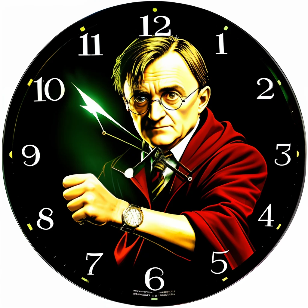 Old Herry Potter, first-rate destroying an old watch with shiny features. Vivid lighting. chiaroscuro, deep dark, contrast. Destroying a Time Clock