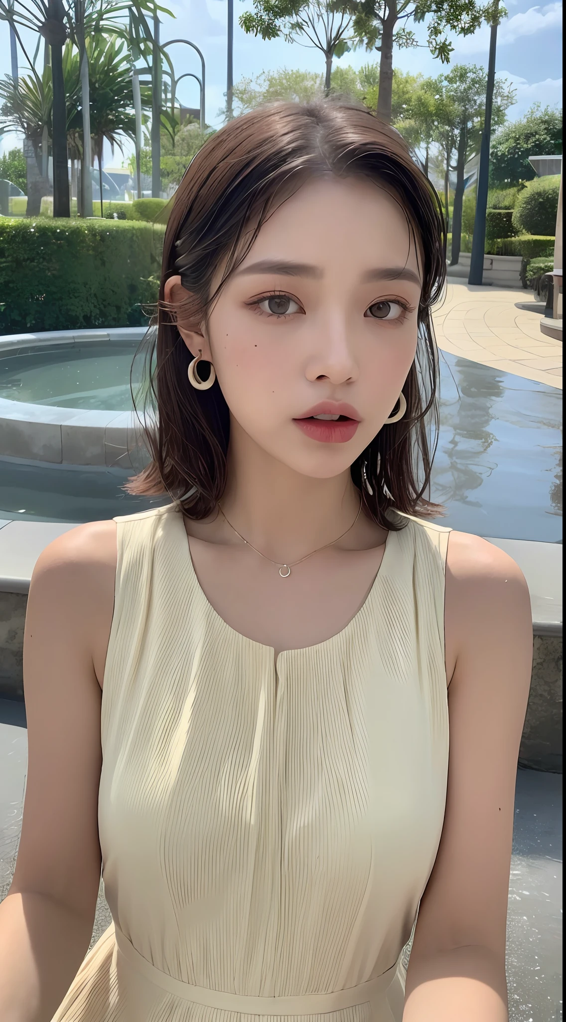 ((Best Quality, 8K, Masterpiece: 1.3, 1girl, Beautiful Girl, Ultra-detailed face and skin texture, Detailed Lips, Detailed Tongue, Dynamism)), Photorealistic, raw photo, natural lighting、( dark rust colored wavy short hair), big, toned abdomen, big round buttocks, double eyelids, dark gray eyes, moist lips, large earrings, simple necklace, moles around the eyes, (cream color sleeveless pleated dress, theme park), getting wet, surprised, wide mouth, wet hair, wet face, running down water
