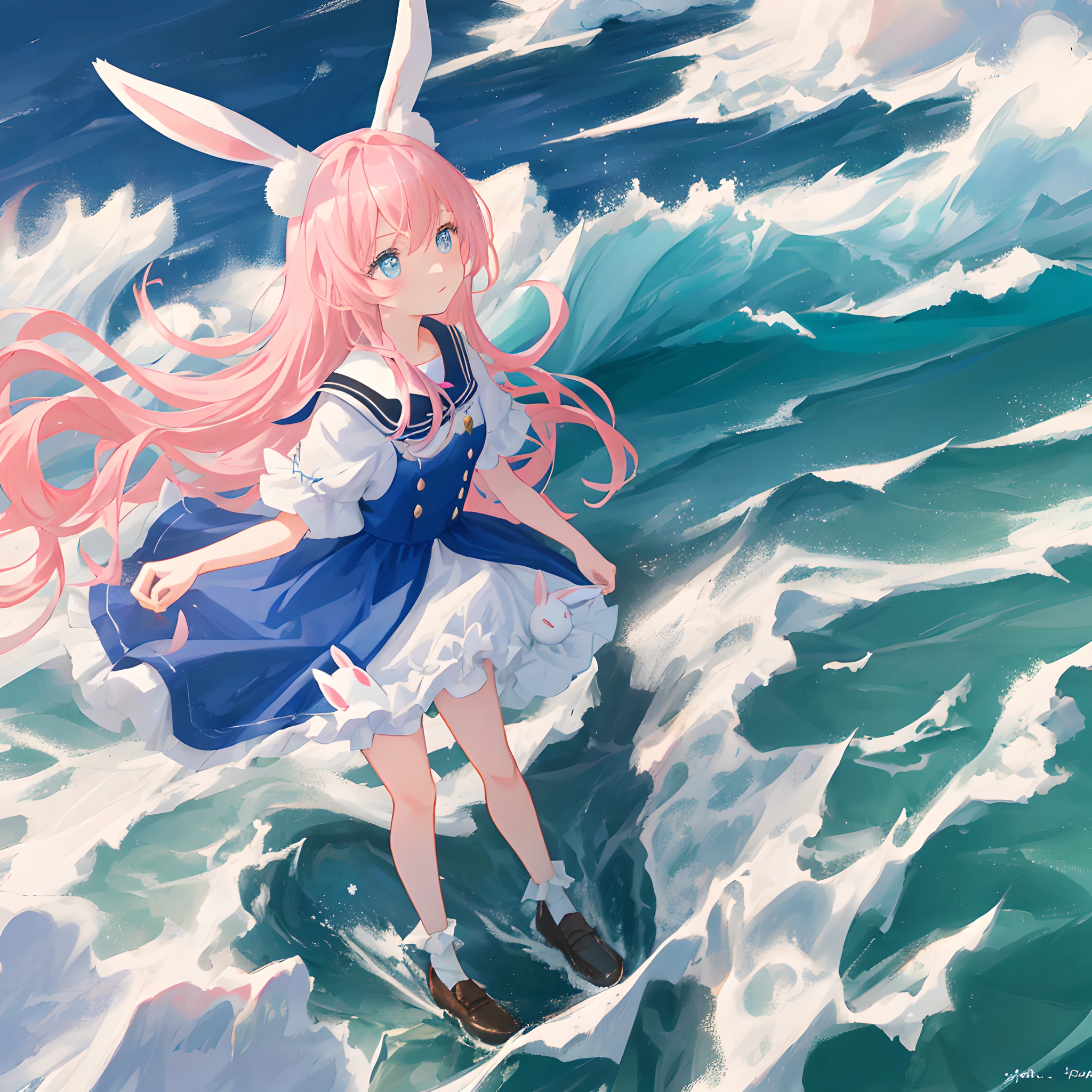 (Pop character, flat art) Ahe High Face, (with white rabbit ears girl), wearing soft ears on his head, (long pink hair, blue eyes), (wearing a blue-pink dress), sparkling gemstones on chest, details shining beautiful, colorful, masterpiece, best quality, super detailed, illustration, fresh sea breeze, azure ocean, rolling waves, sun shining on the water, tall sea cliffs, waves crashing against rocks, hand details