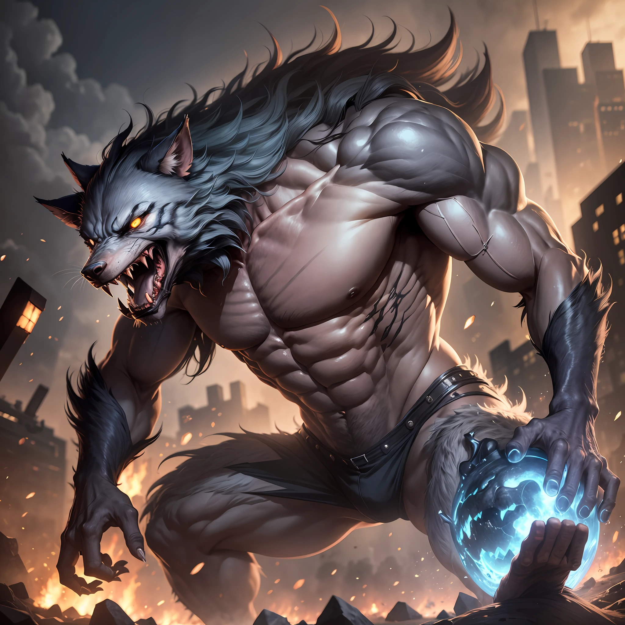Man turning into werewolves in the middle of a battle with several people, realistic, Full HD, best quality --auto --s2