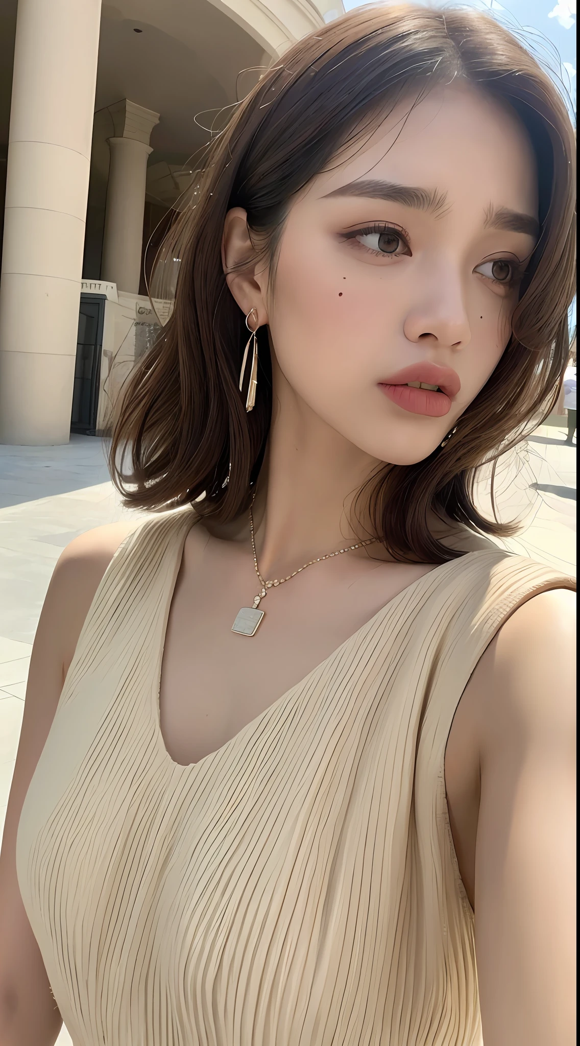 ((Best Quality, 8K, Masterpiece: 1.3, 1girl, Beautiful Girl, Ultra-detailed face and skin texture, Detailed Lips, Detailed Tongue, Dynamism)), Photorealistic, raw photo, natural lighting、( dark rust-colored wavy short hair), big, toned abdomen, big round buttocks, double eyelids, dark gray eyes, moist lips, large earrings, simple necklace, moles around the eyes, (cream color sleeveless pleated dress, theme park), angry, looking away, touching ears