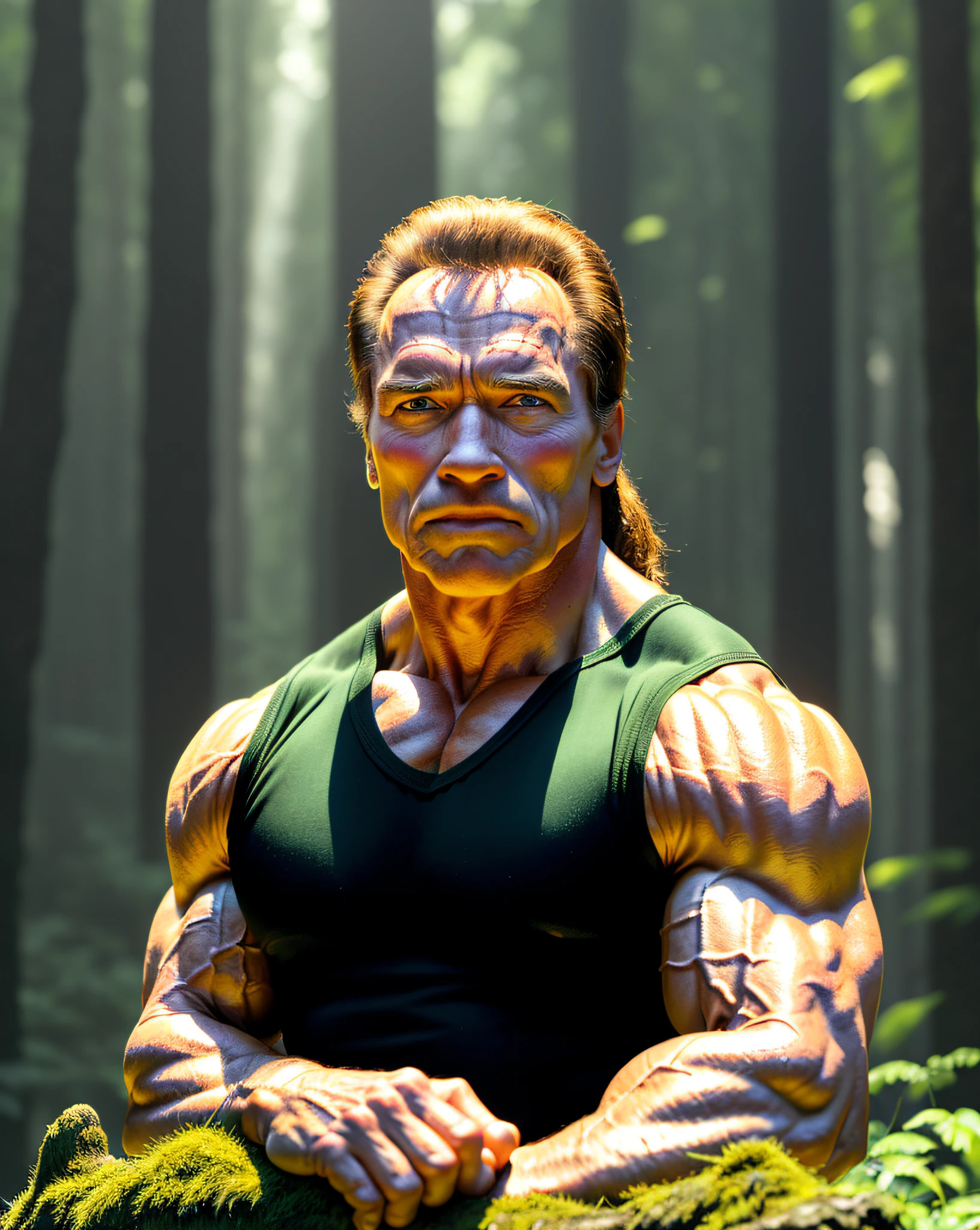 (Masterpiece), (Extremely Complicated:1.3), (Realistic), Arnold Schwarzenegger, Nature, Green, Outdoor, Intense Sunlight, Animals, Professional Photo of Arnold Schwarzenegger Detailed in nature holding a large sign, environmental, sharp focus, dramatic, award-winning, cinematic lighting, octane rendering, Unreal Engine, Volumetrics DTX