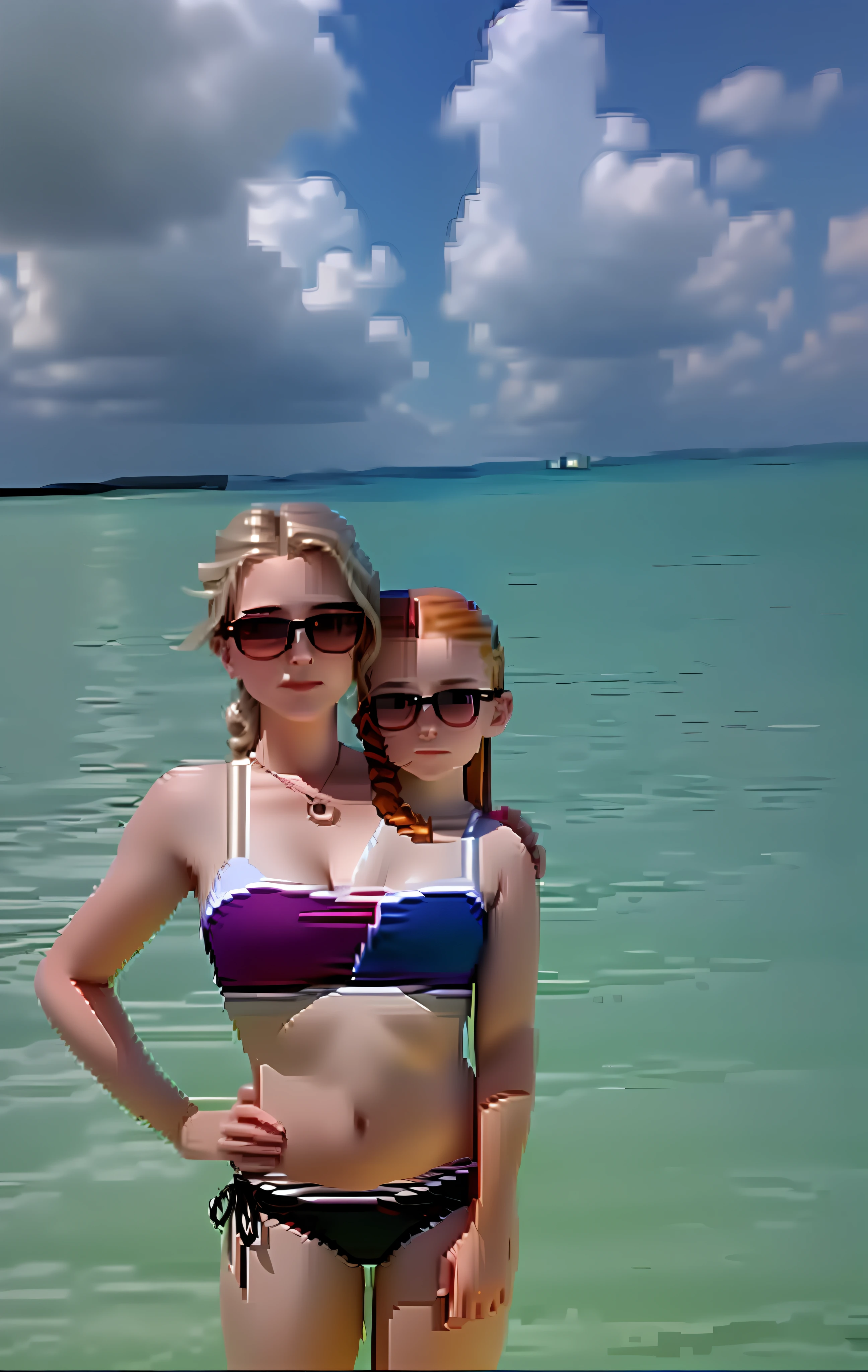 2heads, mom and daughter, (one head:1.5 child), (one head:1.5 young adult), white girls, different ages, (two heads on one body:1.5), conjoined twins, heads side by side, one torso, young, photorealistic, uncomfortable,