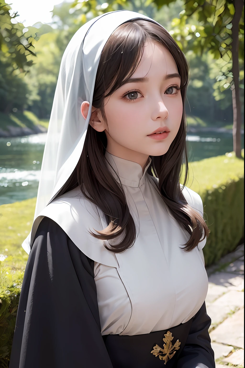 ((super fine illustration, 8k, Masterpiece :1.2, Sharp focus :1.2, depth of field:1.2)),cinematic lighting, Medieval age, village church nun, beautiful golden hair, gentle eyes, beautiful skin, everything she sees makes me feel gentle, natural light, the beauty of the river, the trees of the forest with beautiful sunlight filtering through the trees, and all that gently envelops her
