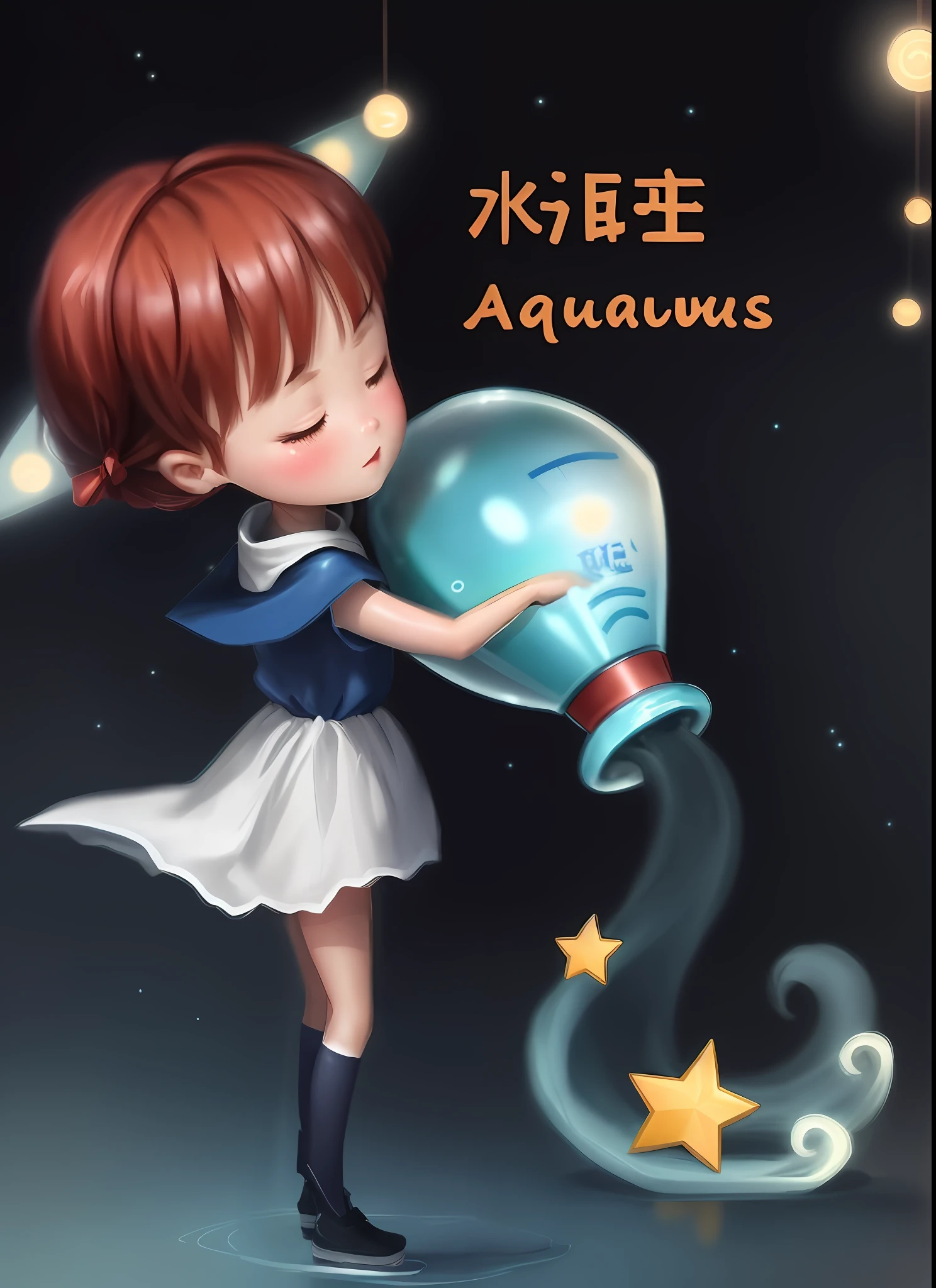 a close up of a cartoon girl holding a water jug, aquarius, 王琛, by Qu Leilei, amalgamation of magical stars, water is made of stardust, by Xia Gui, inspired by Zou Yigui, astrology, zodiac sign, by Ni Tian, by Cheng Jiasui, ☁🌪🌙👩🏾